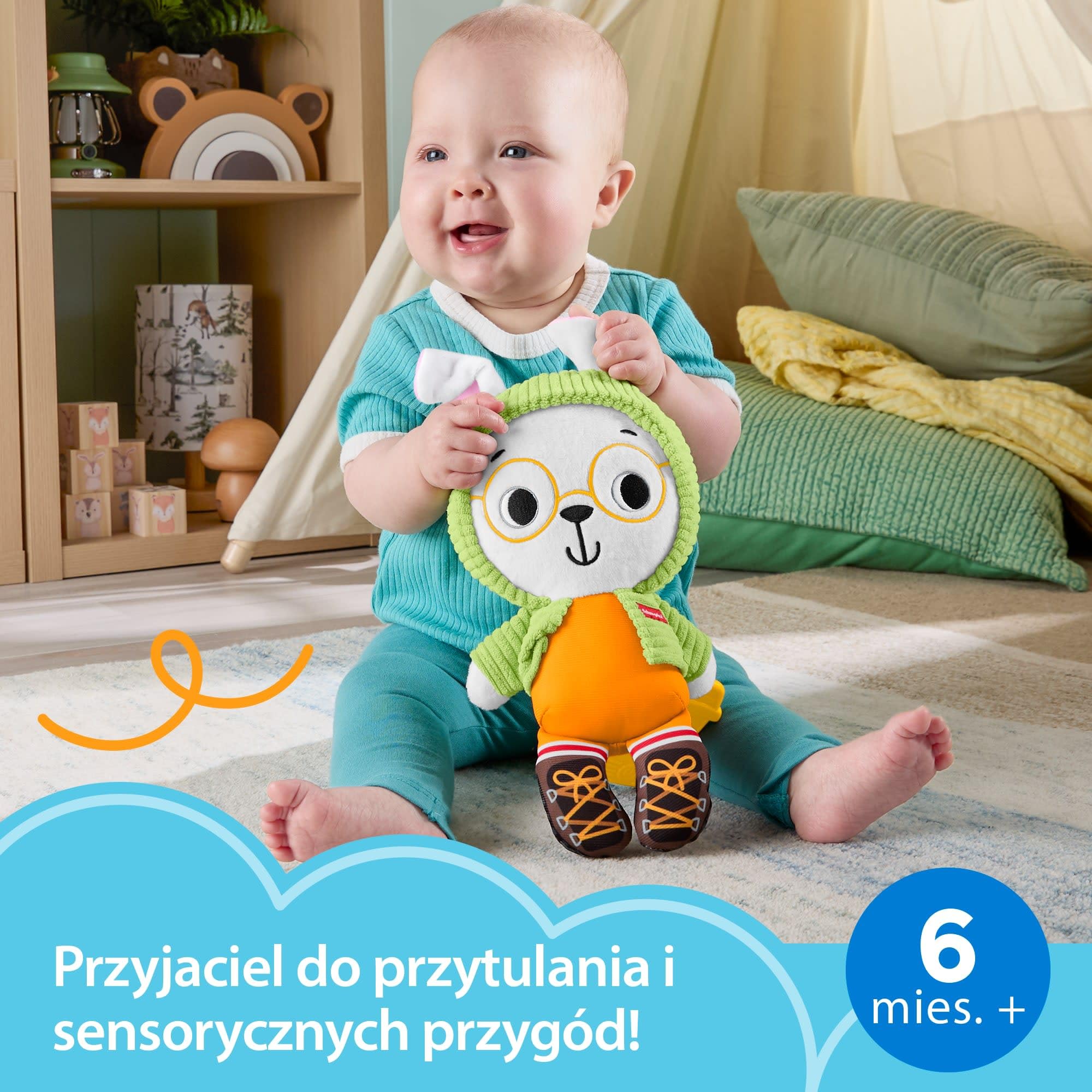 Fisher-Price Leśni Przyjaciele Króliczek-przytulanka z dzwoneczkiem, pluszowa maskotka + gryzaczek, elementy sensoryczne, zabawka pluszak dla niemowląt 6 mies.+, JLB87