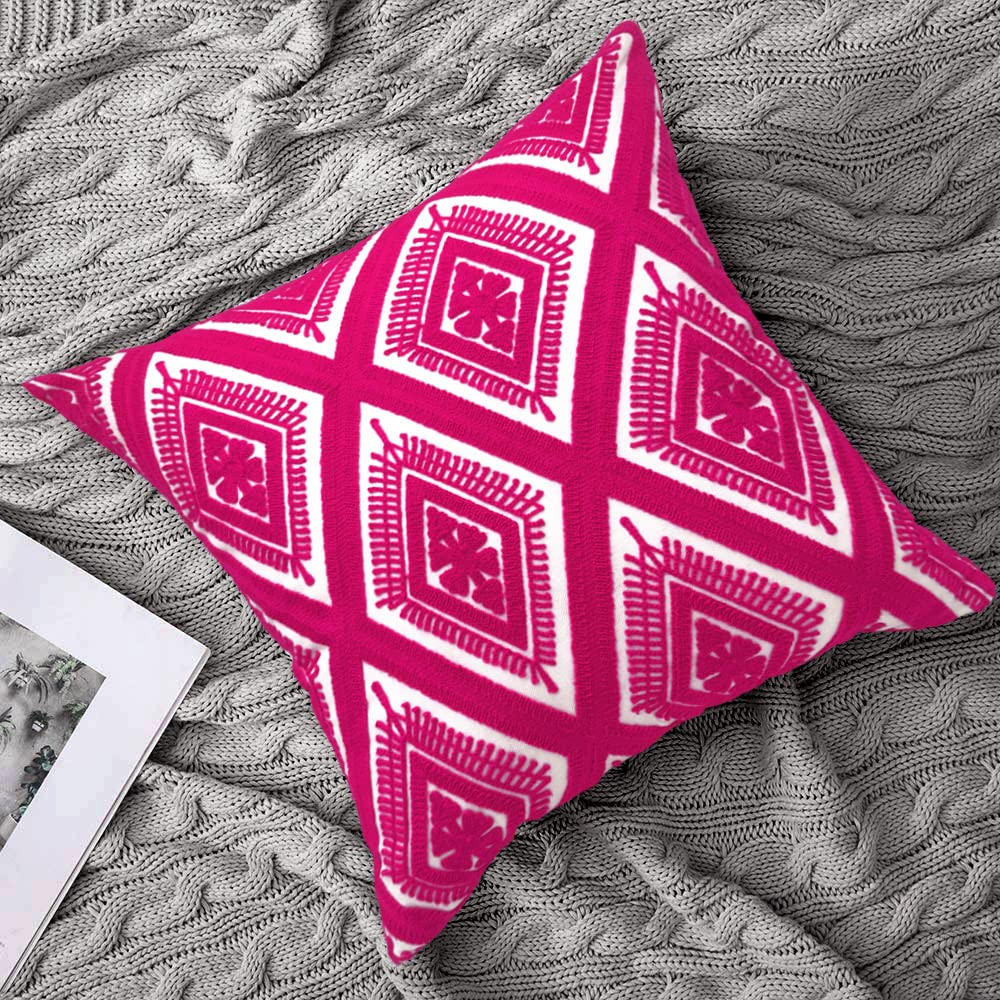 Alysheer Juego de 2 fundas de almohada decorativas bordadas de 18 x 18 pulgadas, estilo bohemio, geométrico, moderno, elegante, clásico, de algodón, para sofá, cama, sala de estar (rosa intenso)
