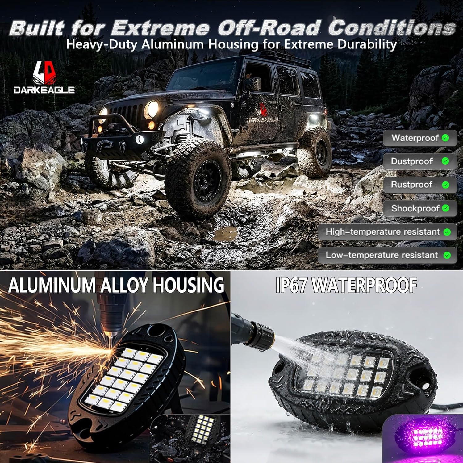 4Pods Heavy Duty Aluminum RGB+W LED Rock Lights Kit for ATV UTV 4 Wheeler Can-Am SXS RZR Side by Side Offroad Vehicle, APP & RF Remote, Plug&Play Pre-Wired, IP67 Waterproof 12V Underglow Accent Light