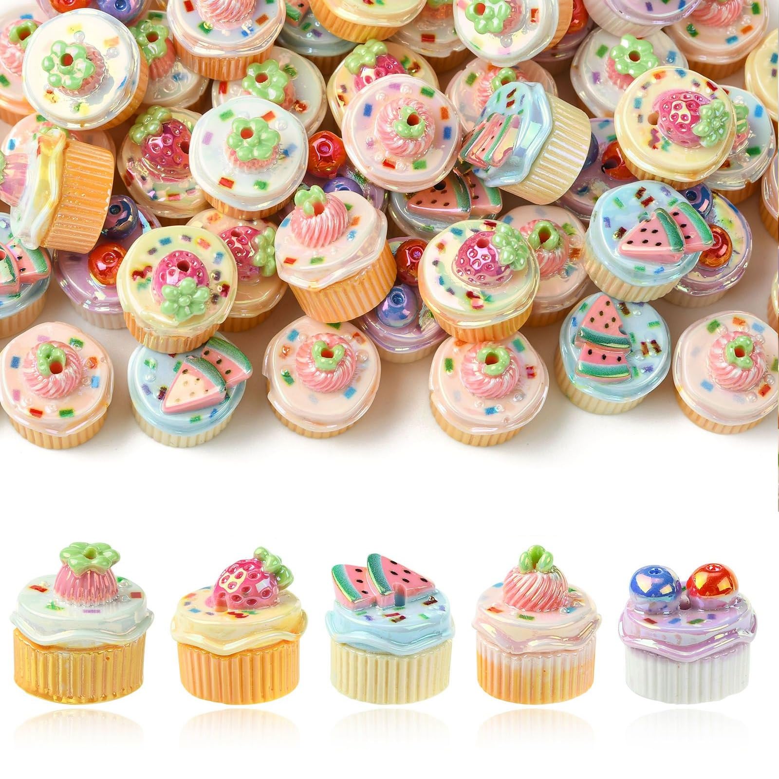 LiQunSweet 30 pcs Mixed Styles Fruit Cup Cake Resin Beads Imitation Sweet Food Dessert Beads for DIY Jewelry Bracelet Necklace Earring Crafts Bag Keychain Phone Home Decor