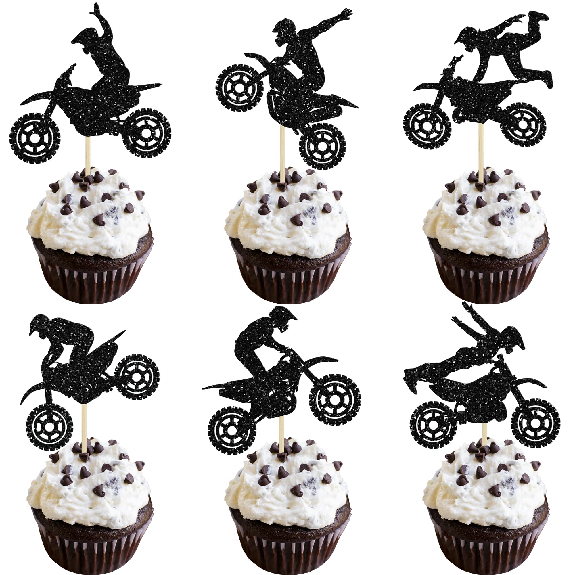 Ephlyn 30Pcs Motorcycle Cupcake Toppers Black Glitter Motocross Dirt Bike Party Cupcake Picks for Sports Motocross Theme Man Boy Birthday Party Cake Decorations Supplies