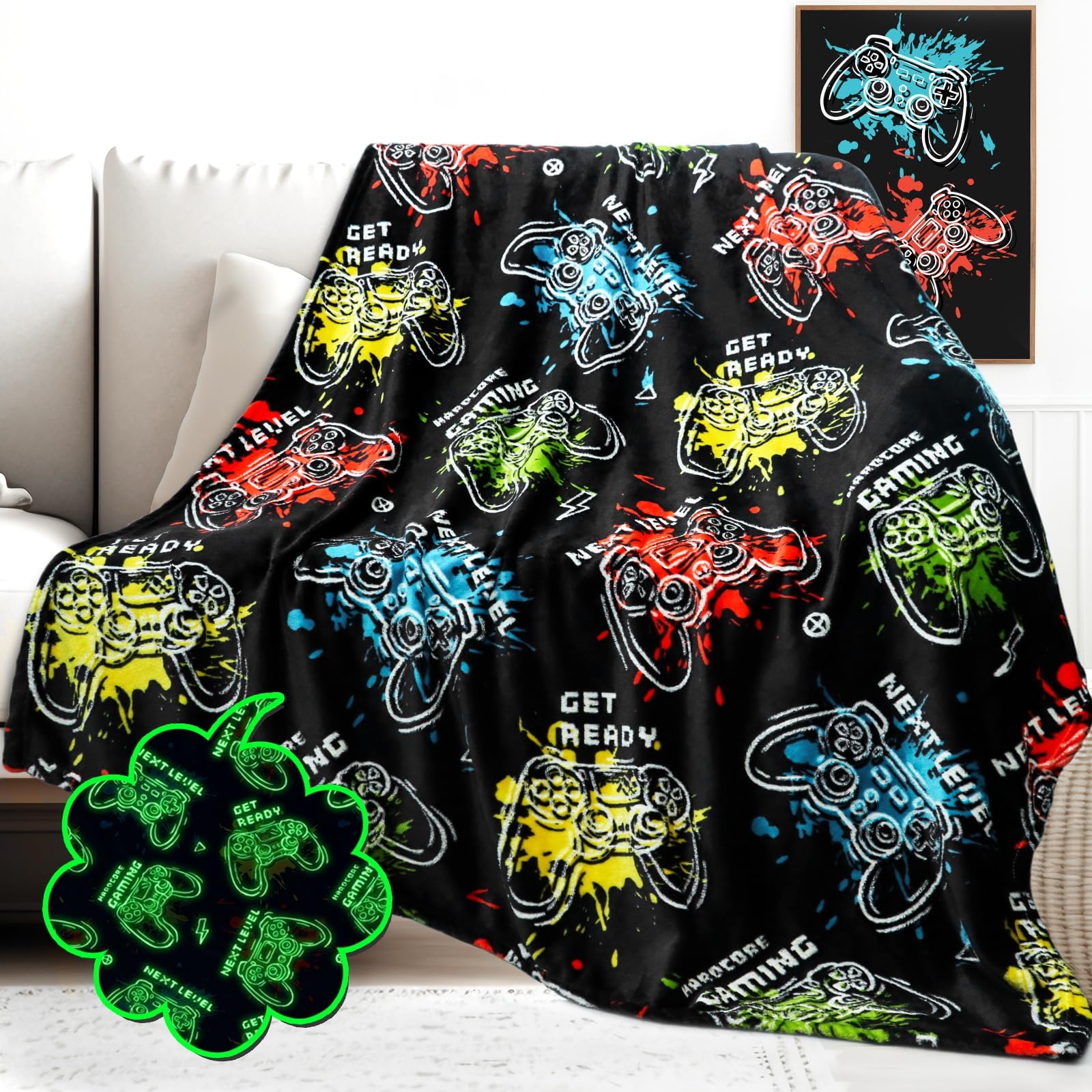 HWING Gamer Gifts for Teens Boys - Glow in The Dark Gaming Blanket 6 8 11 12 13 14 15 16 Year Old Teenage Boy Gifts Gamer Men Boyfriend Son Kids Birthday Gifts Gaming Room Decor 40"x50"