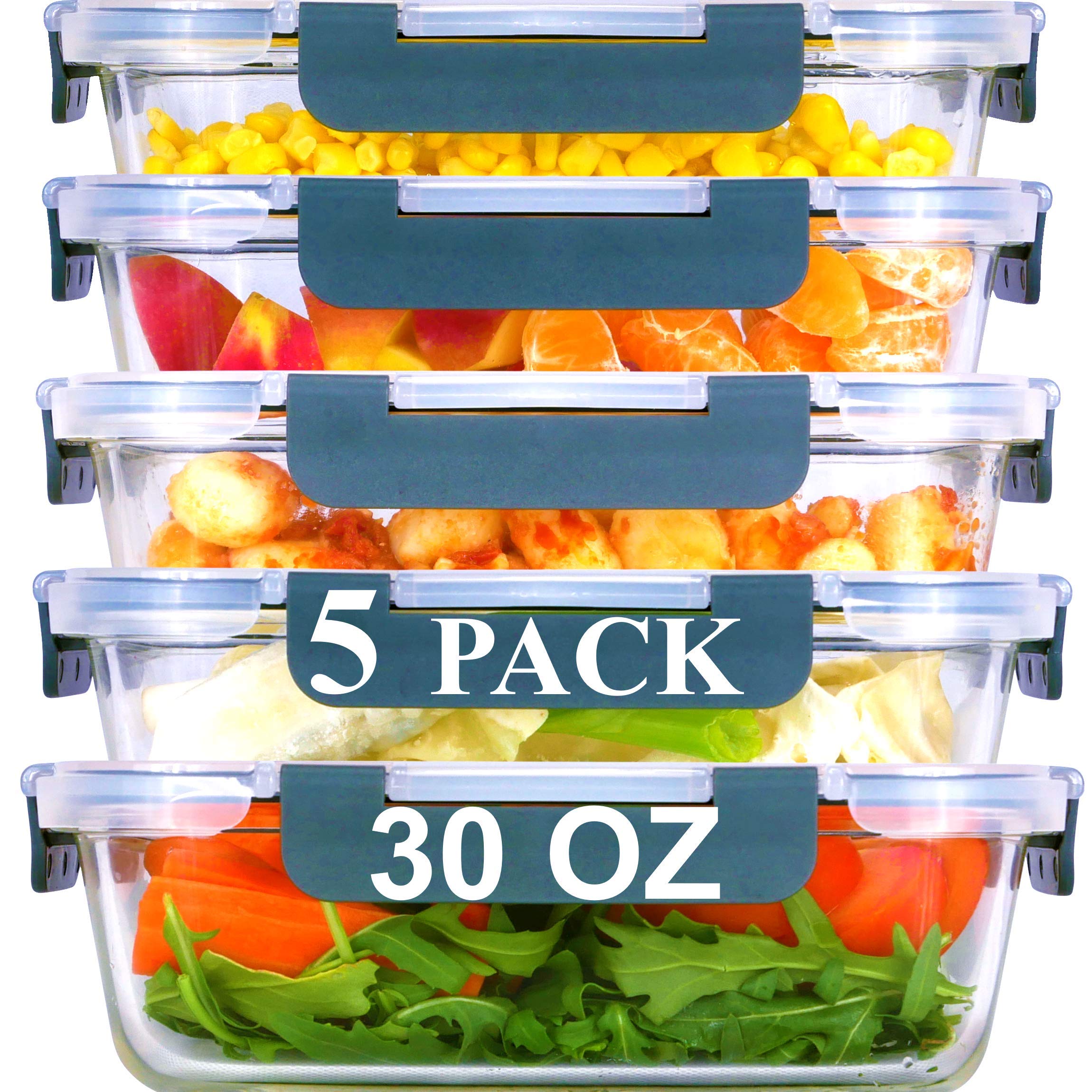 Brieftons Glass Meal Prep Containers: 5 Pack, 30 Oz with Airtight, Leakproof Snap Locking Lids, Perf