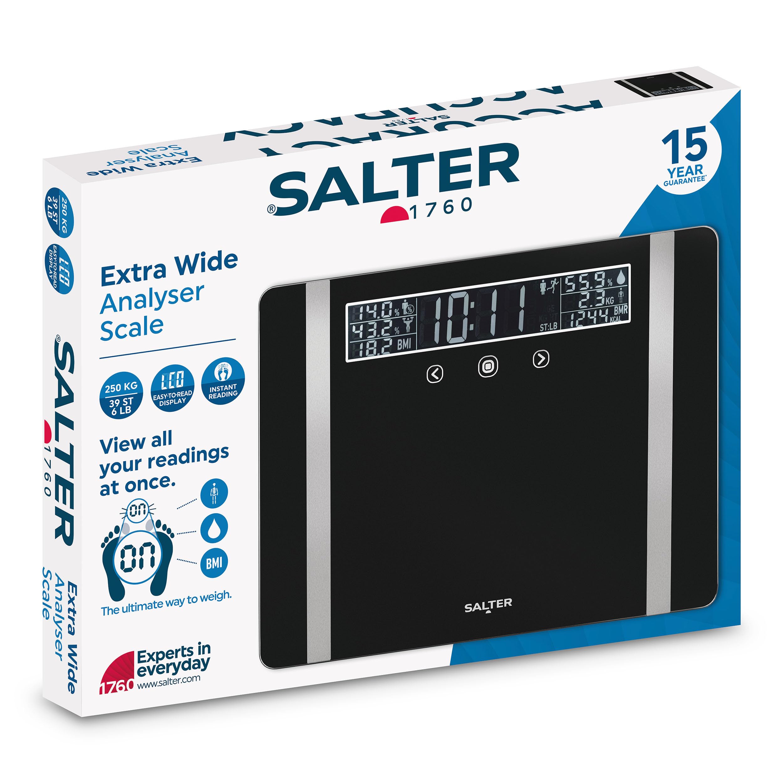 Salter Bilancia analizzatrice extra larga – Bilancia digitale da bagno per peso corporeo/grasso/acqua, BMI/BMR, massa muscolare/ossea, 10 memorie utente, letture istantanee, capacità 250 kg