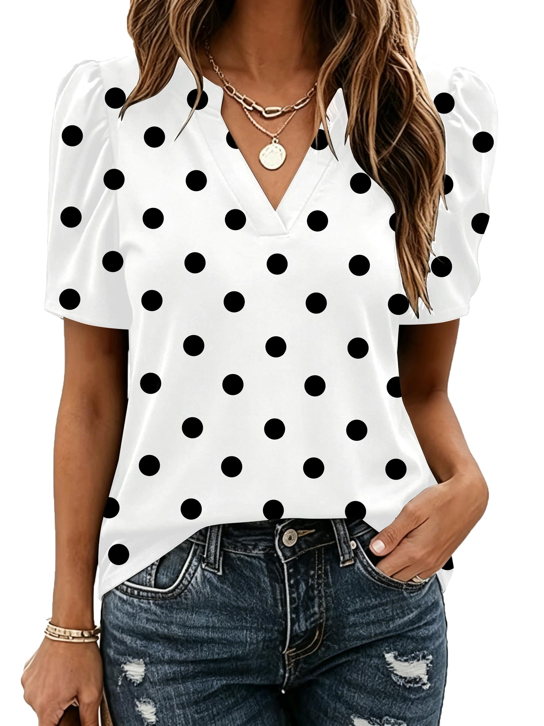 Zeagoo Women Blouses Puff Short Sleeve Tops V Neck Dressy Casual Spring Shirts Boho Floral Cute Clothes 2026