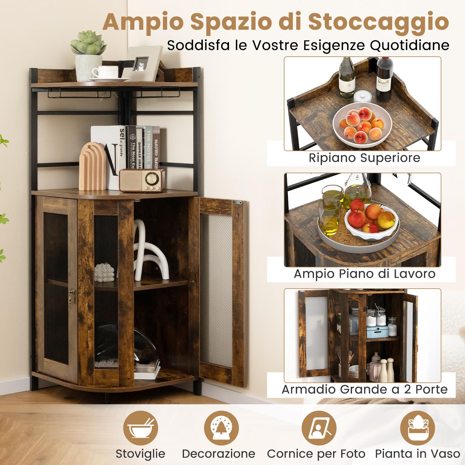 GYMAX Armadietto per Vini ad Angolo in Stile Industriale con Ripiano Regolabile e Porta a Rete, Armadietto con Porta Bicchiere da Vino, Armadietto su Gambe per Bar, Cucina, Soggiorno (Marrone)