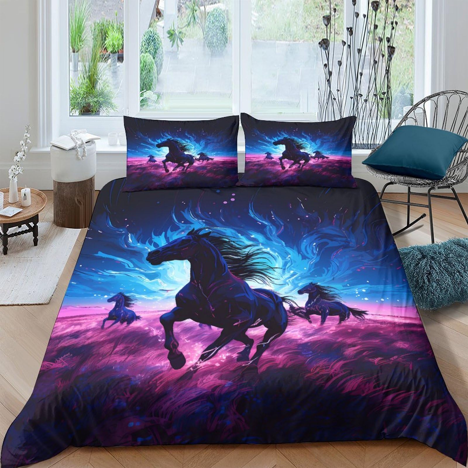 Ctjqhvkz Style-9 3D Printed Dark Night Horse Fitted Sheet Microfiber Soft Breathable Blue Fantasy Bed Cover For Bedroom Dorm Décor Single（135X200cm）