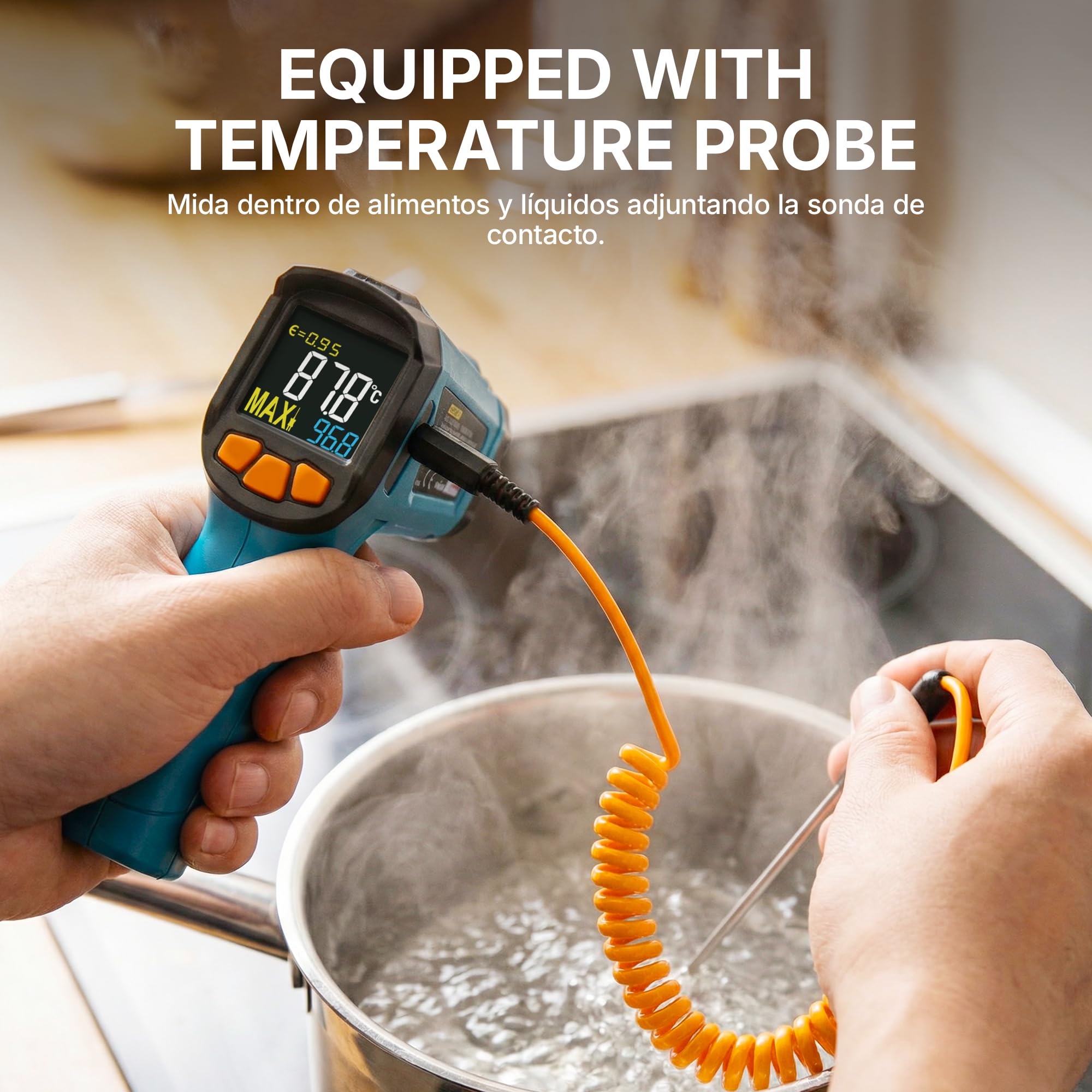 Tilswall Termómetro Infrarrojo -50°C~800°C con Sonda K, Emisividad Ajustable, para Cocina Industrial BBQ