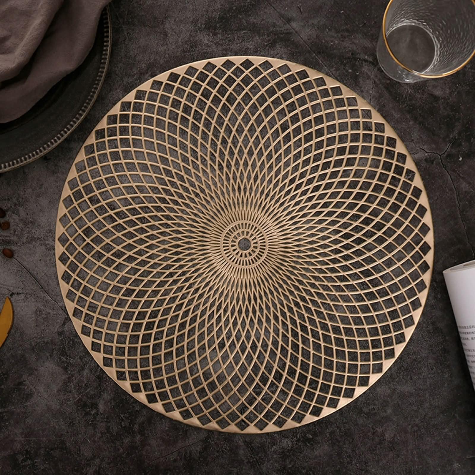 Set di 6 tovagliette vintage da bistrot, 38 cm, Placemats for Dining Table Gold rotondo, motivo floreale in PVC