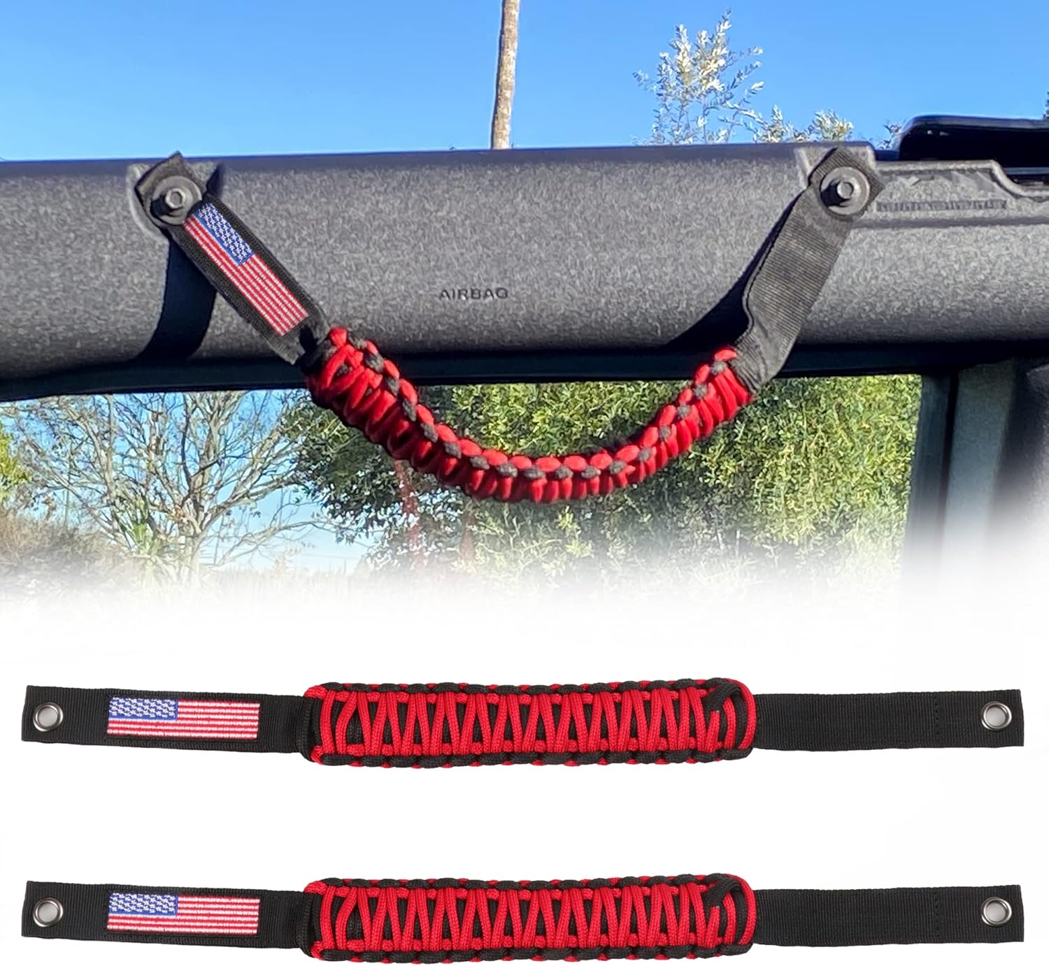 BESTAOO Roll Bar Grab Handles Paracord Grip Handle for Ford Bronco Accessories 2021-2024 2025+, with USA Flag Design, 2 Pack (Red) BESTAOO Roll Bar Grab Handles Paracord Grip Handle for Ford Bronco Accessories 2021-2024 2025+, with USA Flag Design, 2 Pack (Red)