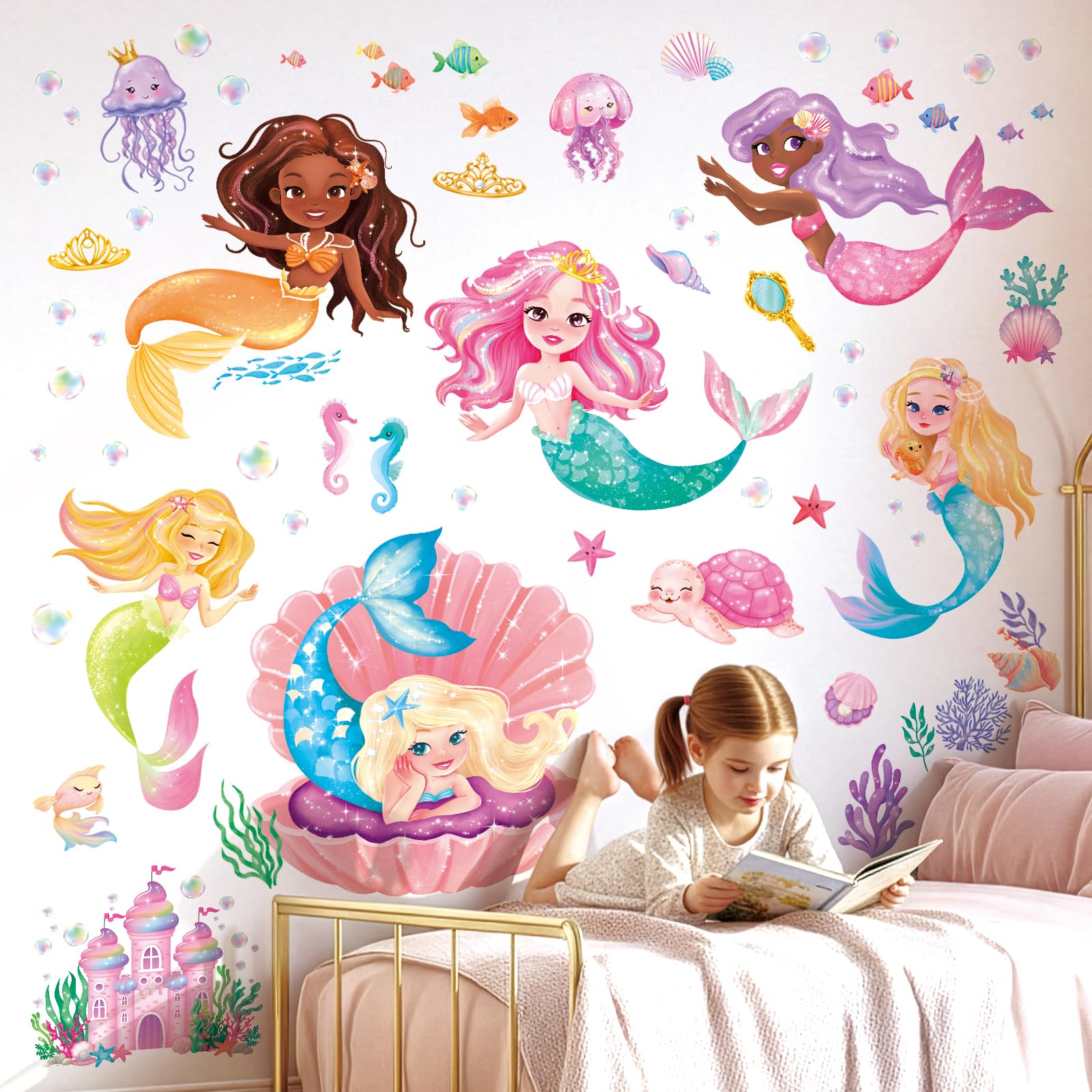 DECOWALL Under The Sea Mermaid Wall Decals Ocean Starfish Turtle Fish Wall Stickers Baby Nursery Girls Bedroom Bathroom Wall Decor (SG2-2511)