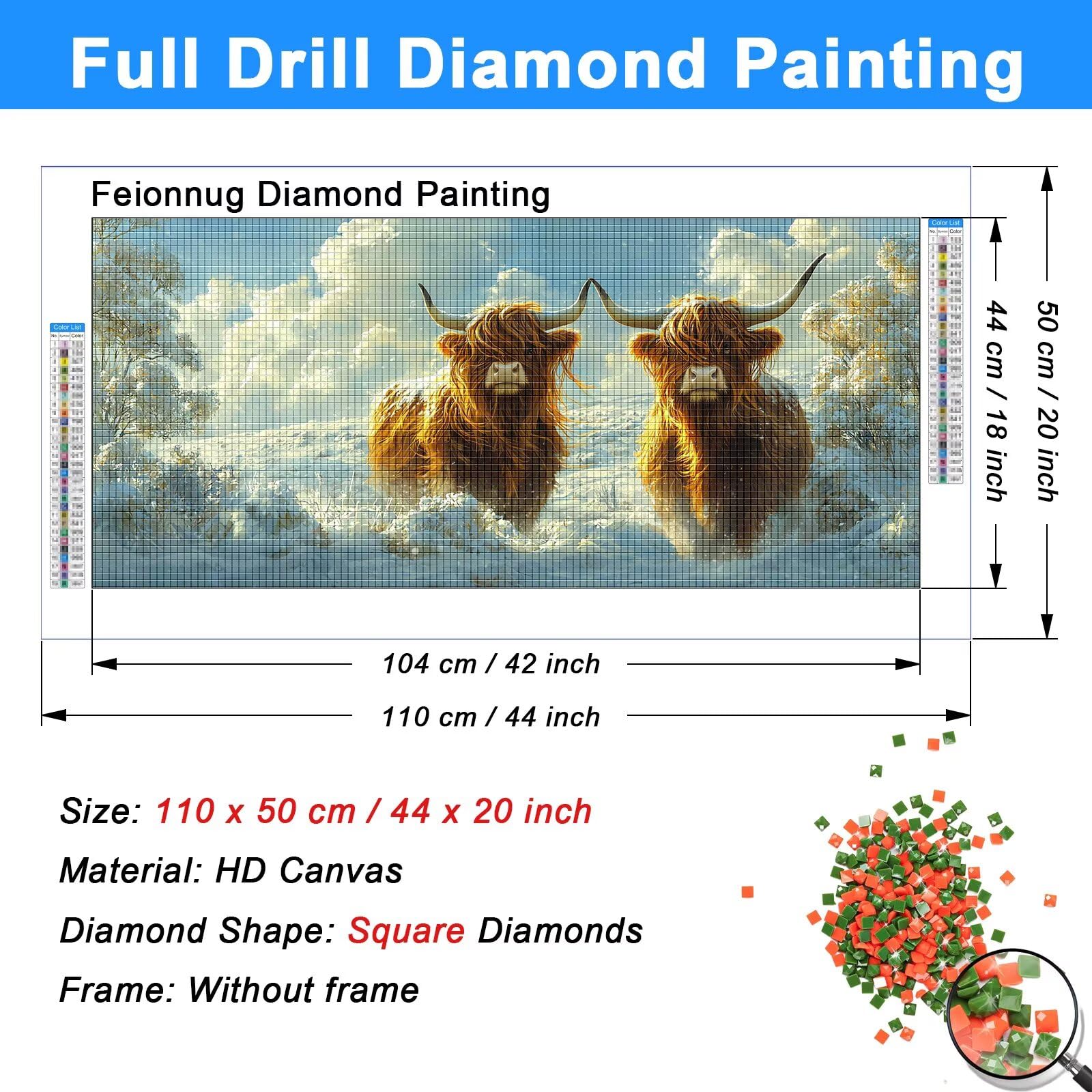 Diamond Painting Adulte Grand 50x110 cm Kit Broderie Diamant Bovins Des Highlands, Kit de Peinture Diamant Adulte Animaux, Large Diamond Painting pour Loisirs Créatifs Adultes, Decoration Murale, K-82