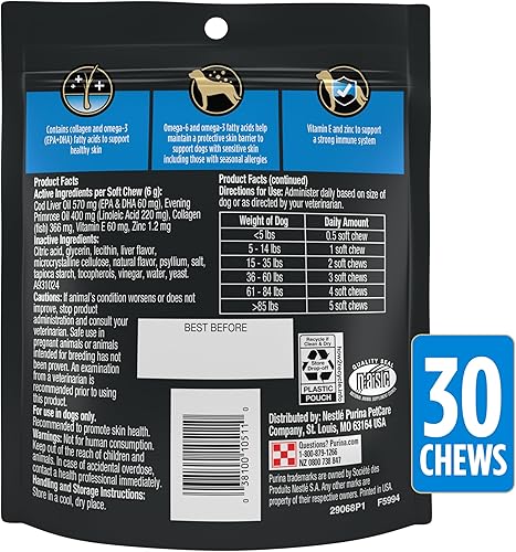 Miniatura 9 de Purina Pro Plan - Suplementos veterinarios para el cuidado de la piel para perros con aceite de pescado omega-3 y EPA y DHA (paquete de 1) bolsas