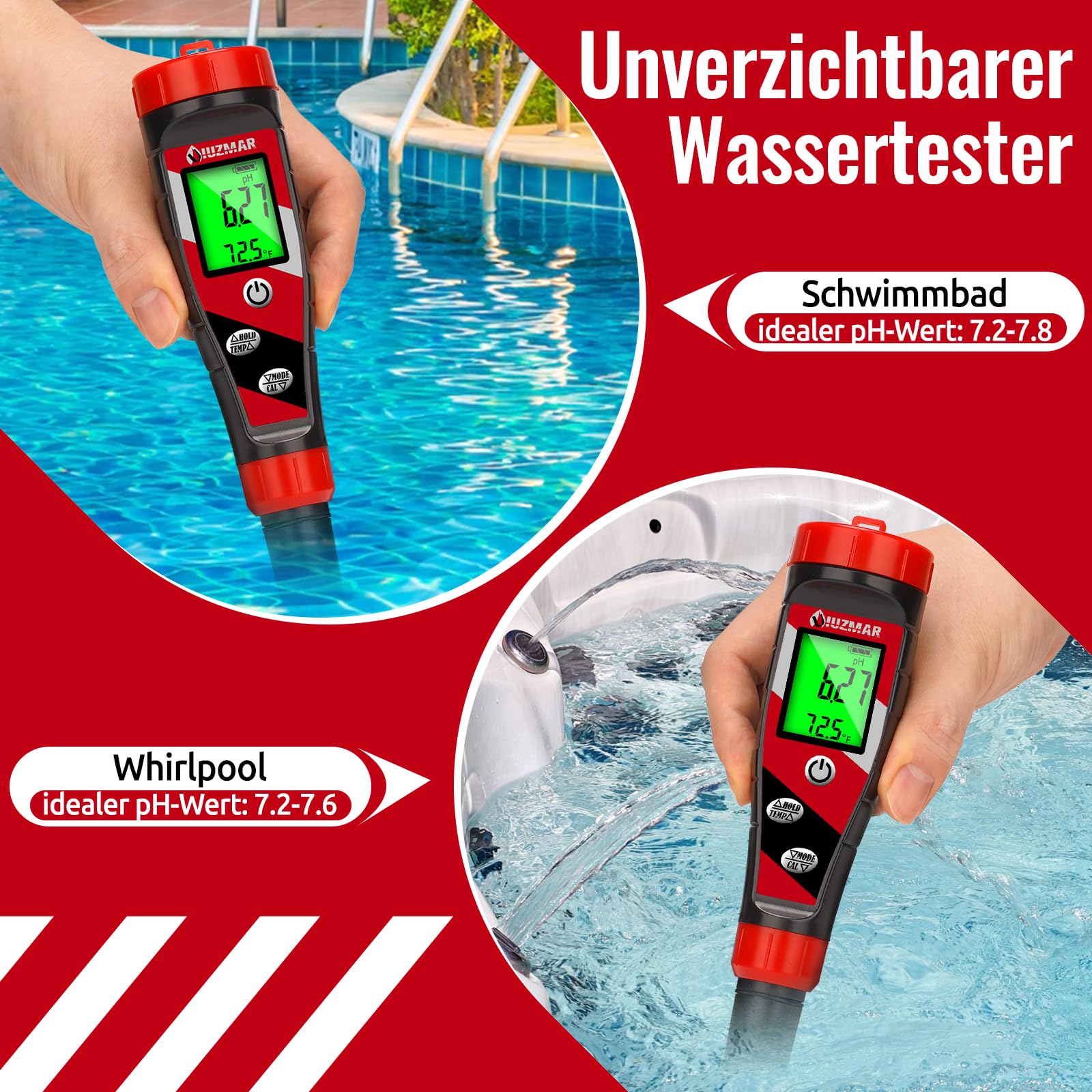 UIUZMAR pH Wert Messgerät Pool pH und EC Messgerät Grow Digital Wasserqualität Tester für Trinkwasser 4 in 1 pH EC TDS Temperatur Messgerät für Wasser Hydrokultur, Pflanzen pH Wert Messer
