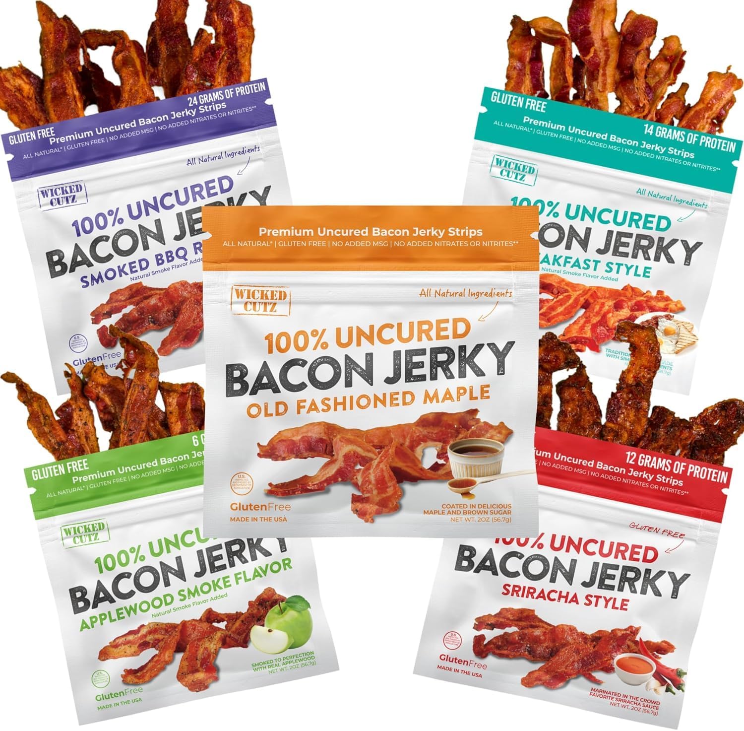 - Bacon Jerky Variety Pack | 5 Flavors & Up to 24g Protein Per Bag | Fully Cooked, Bold Flavors, Exceptionally Tender, High Protein Carnivore Snacks | Jerky Gifts, Unique Gifts for Men (5 Bags)