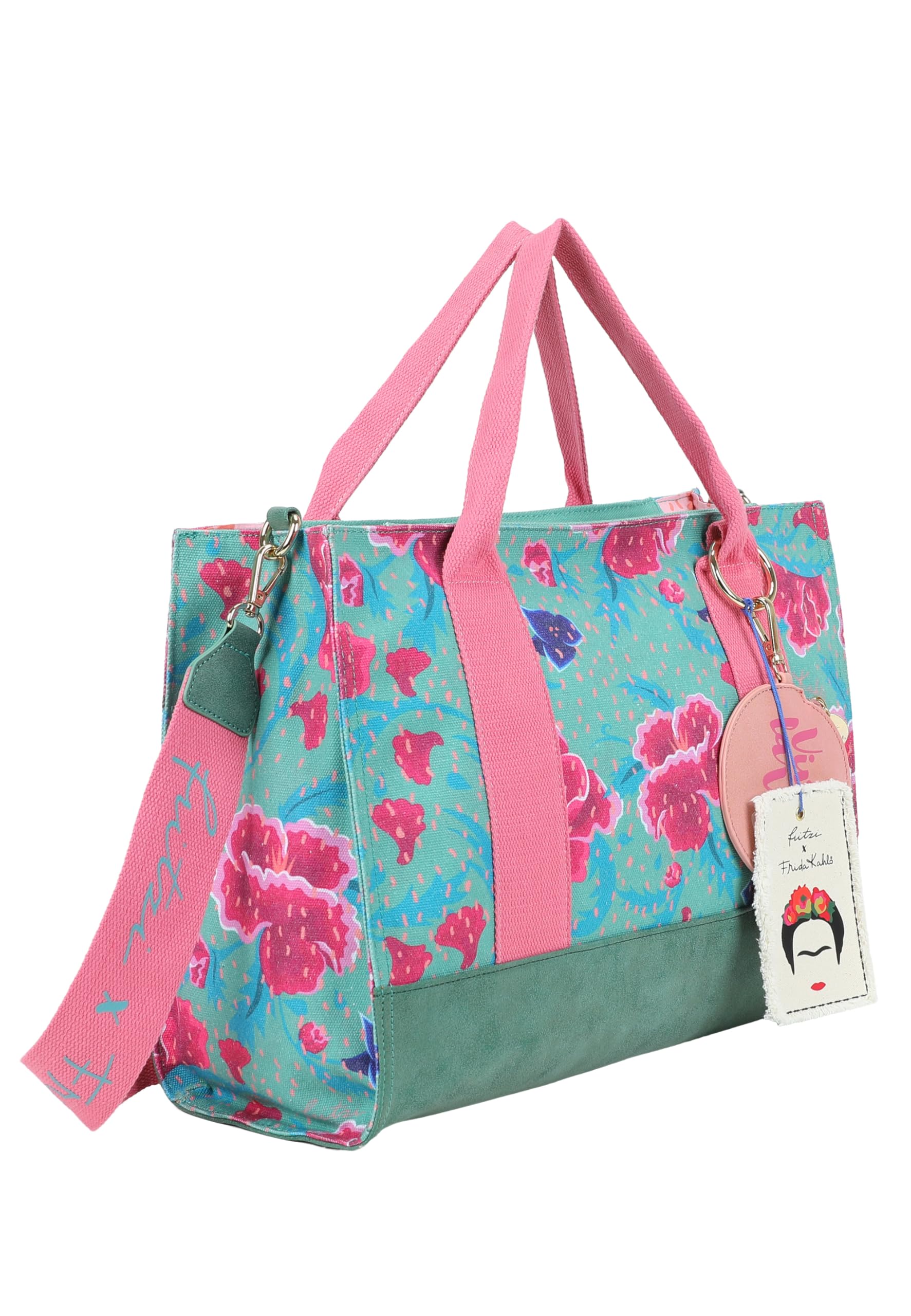 Fritzi x Frida Kahlo Tote Bag Limited Canvas Shopper Damen Schultertasche Handtasche Freizeit Alltag Arbeit Festival Reißverschluss Canvas 29.5 x 40 x 14 cm – Pink, Rosa, Türkis, Beige, Lila, Grün