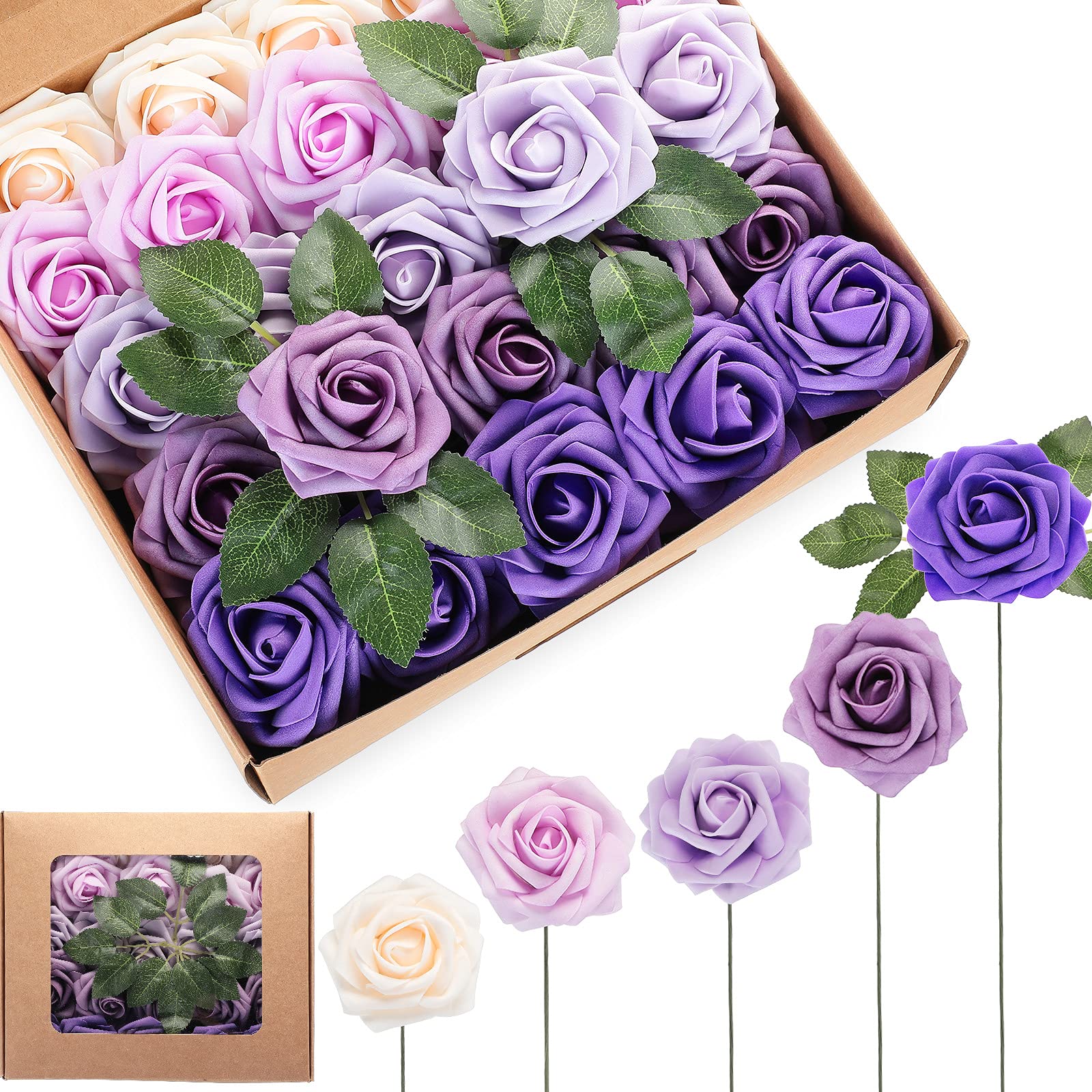 50 Pieces Valentines Day Artificial Blush Rose Flower Real Looking Foam Roses with Stems Fake Foam Roses Decoration for Wedding Bouquets Centerpieces Party Home Decor (Purple)