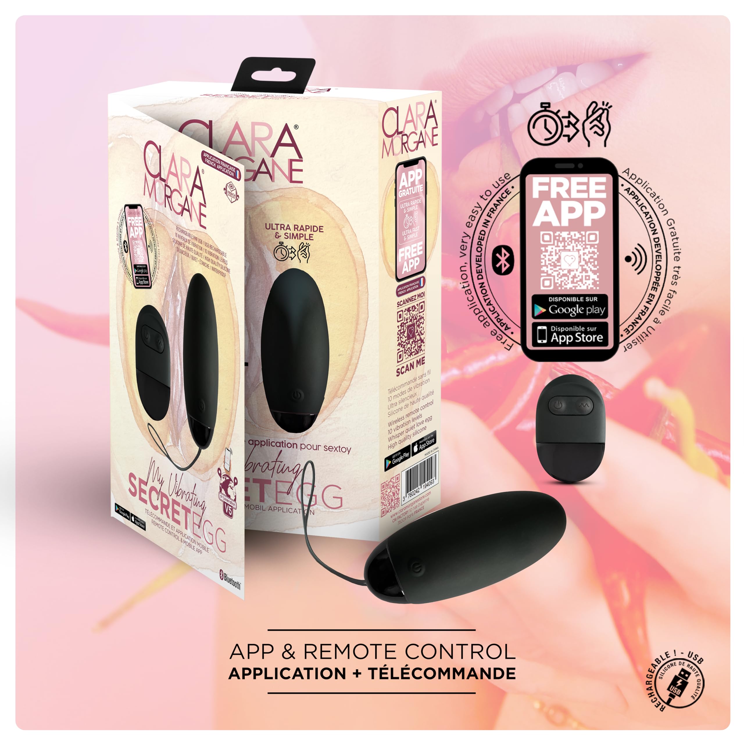 My Vibrating Secret Egg - Oeuf Vibrant Clara Morgane avec application à distance - Couleur noire