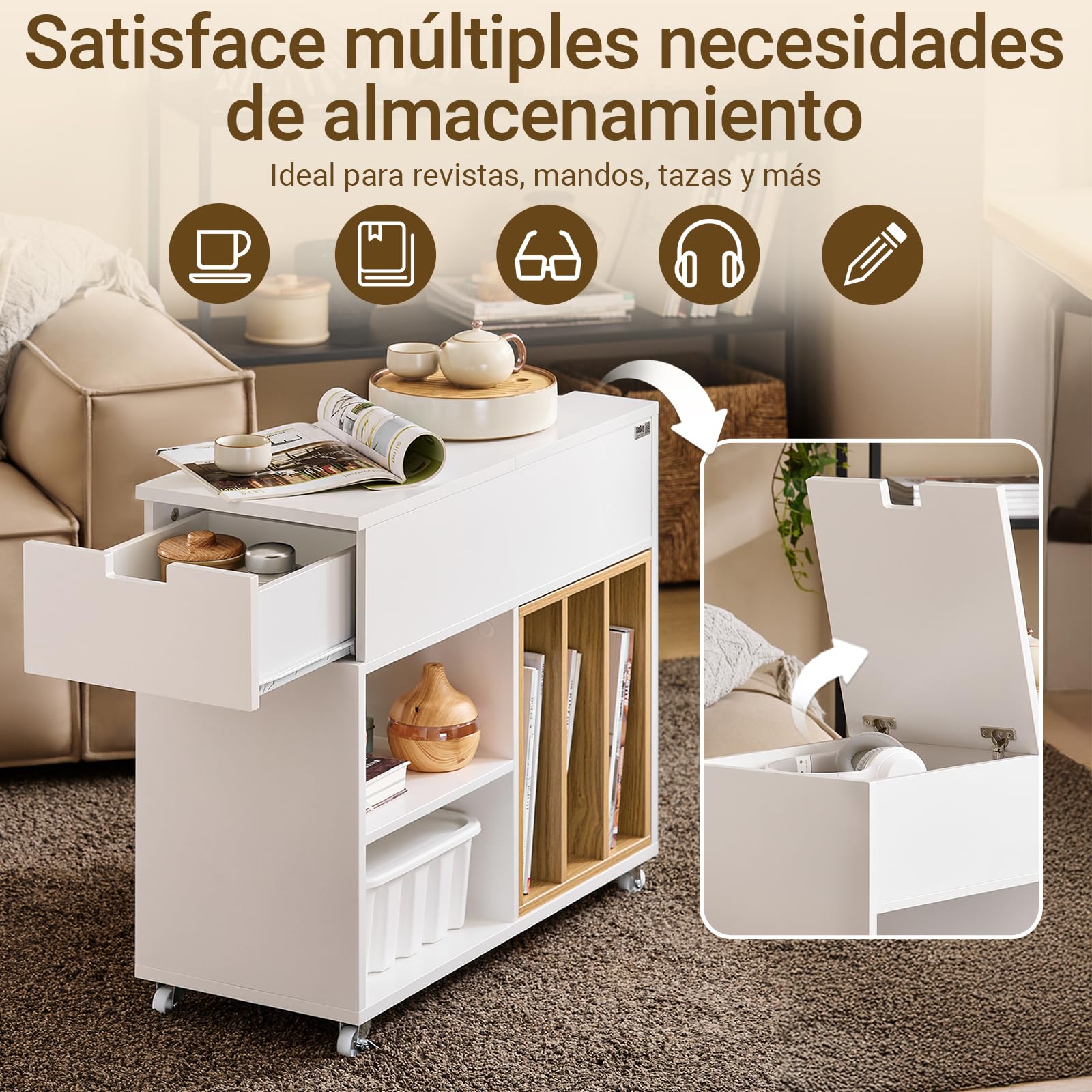 SoBuy Mesa Auxiliar con Ruedas y Tapa Abatible 30x61x70cm | Mesa multifunción para sofá, dormitorio u oficina con cajón y estante extraíble FBT134-W
