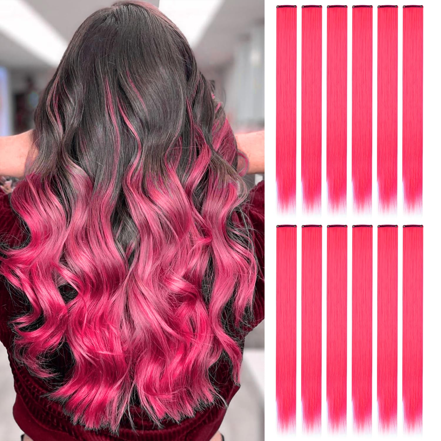12 Pcs Pink Hair Extensions