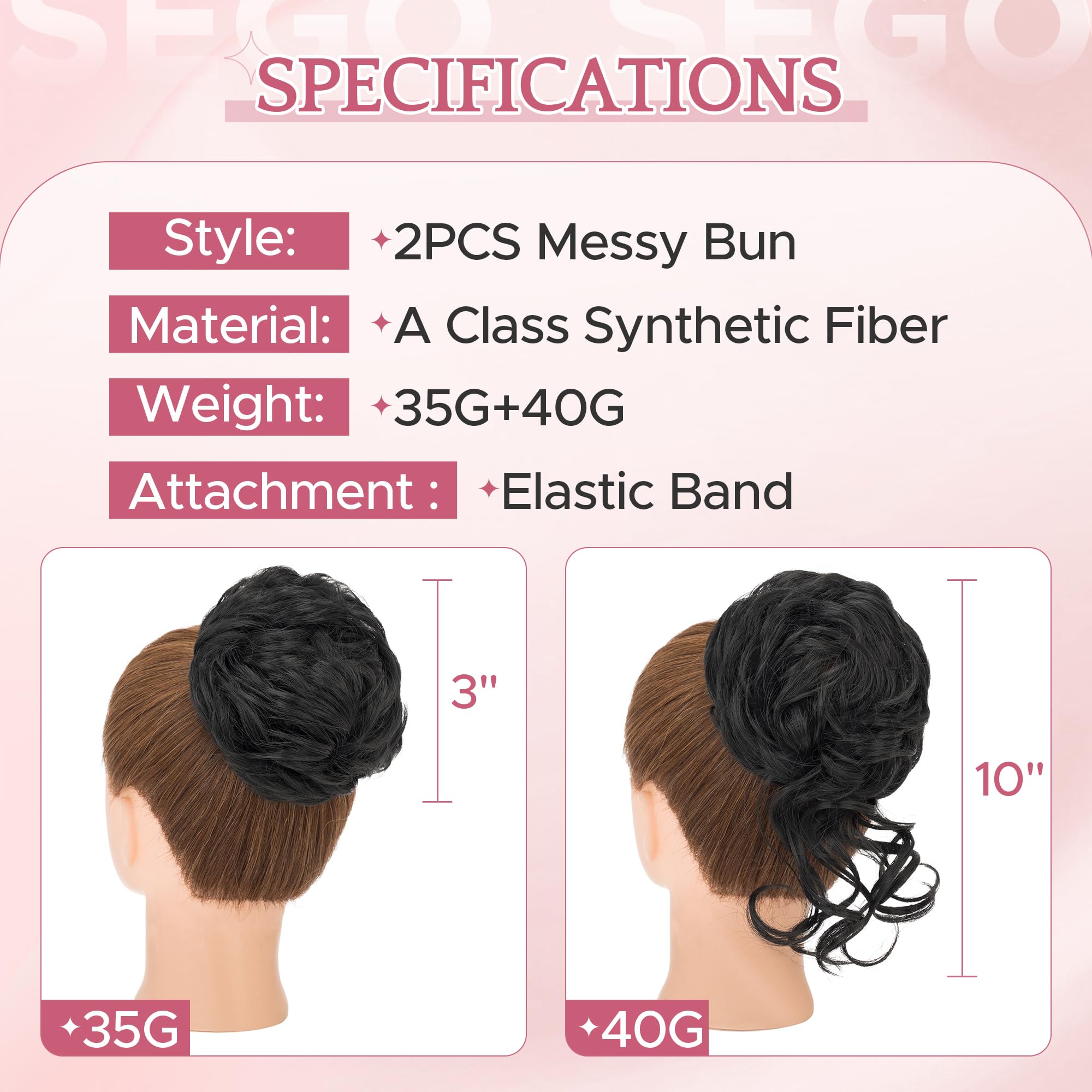 SEGO 2PCS Messy Bun Fluffy Tousled Updo Scrunchies 75g Synthetic Hair Bun Hair Piece Set for Women Easy Bun Hairpiece Dark Black - Image 3