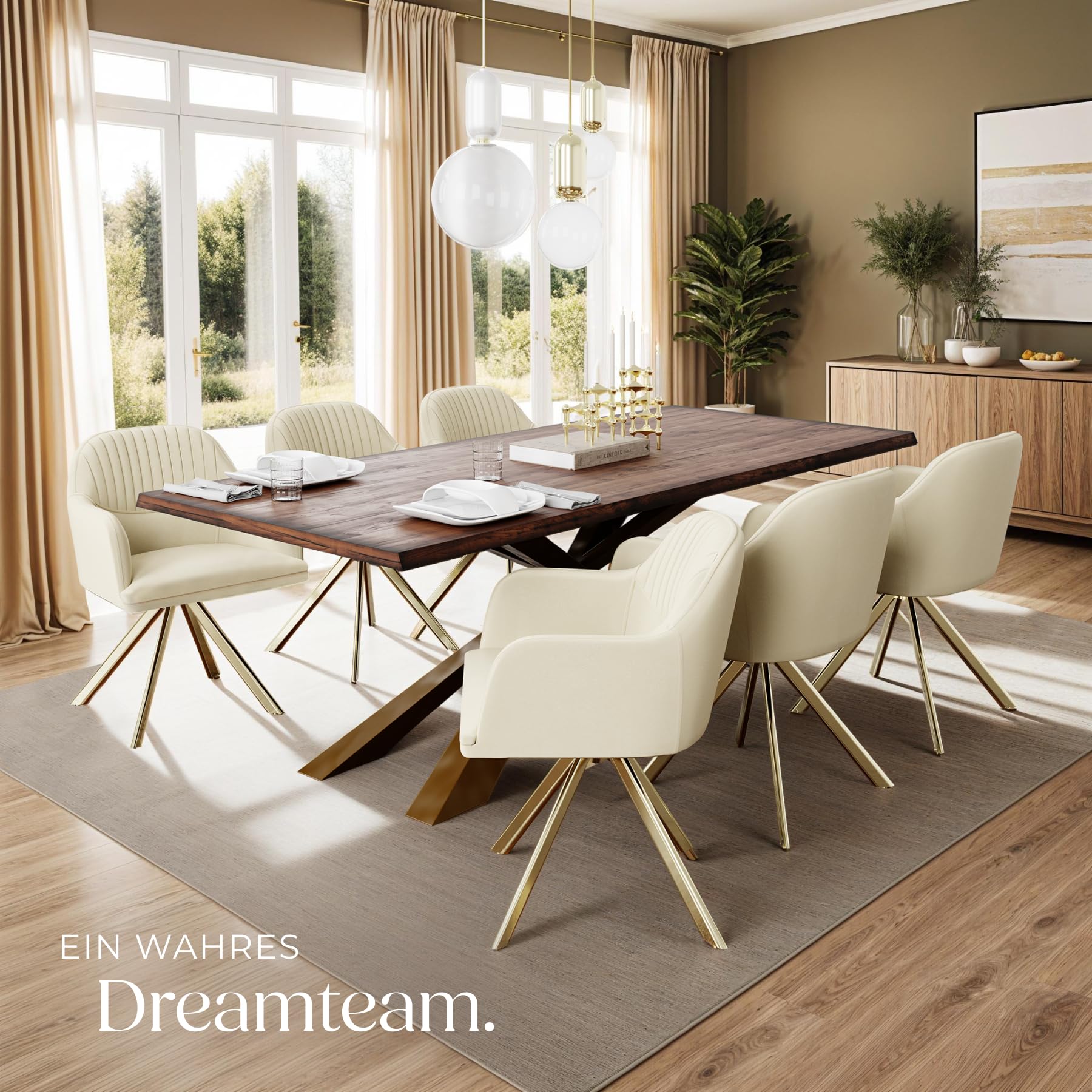 tectake® Esszimmerstuhl drehbar, Armlehnstuhl drehbar, ergonomischer Stuhl Samt, Stühle für Esszimmer, Möbel für Wohnzimmer, Arbeitszimmer, Esstisch, Schminktisch - 2er Set - Creme/Gold