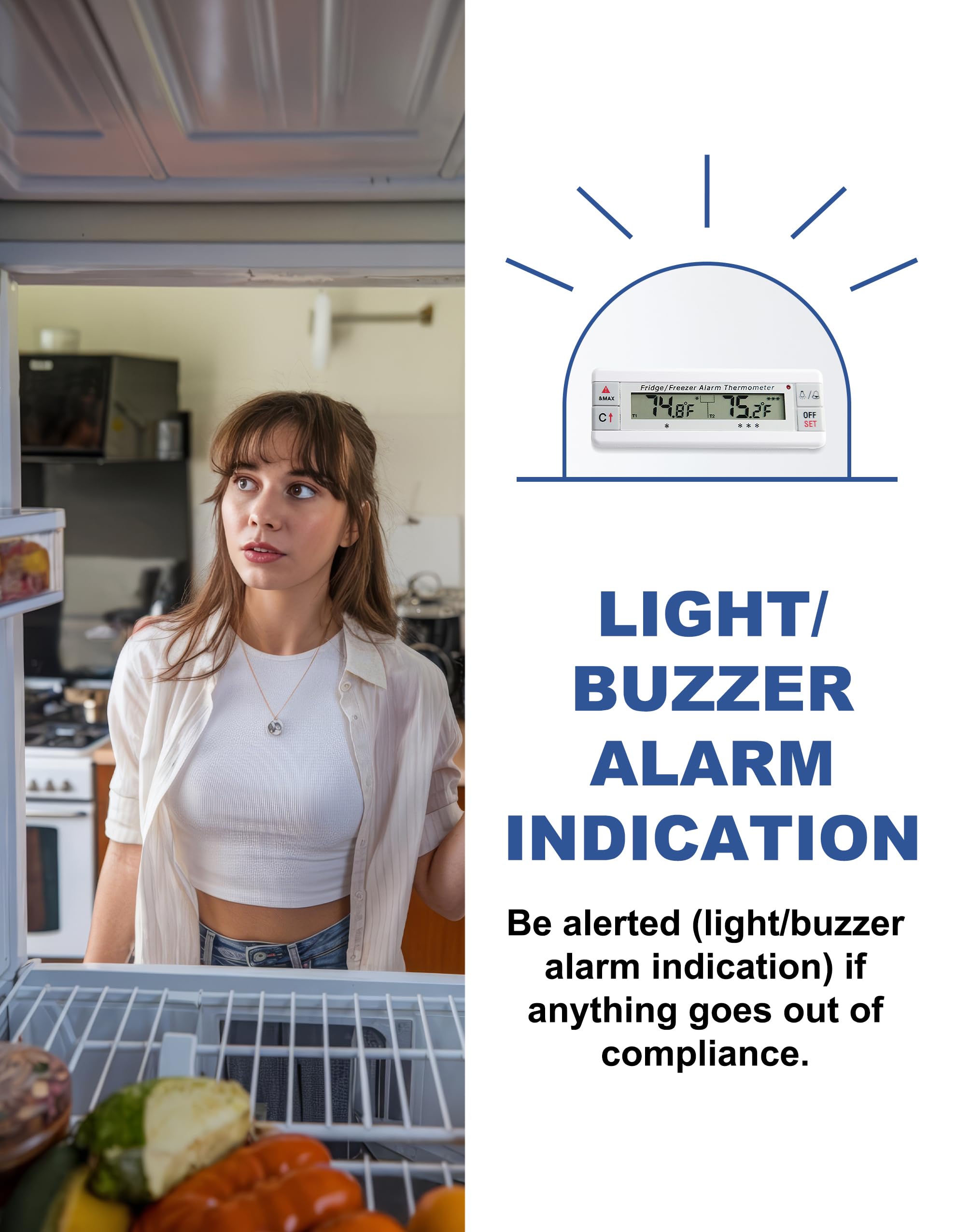 Frigorifero/Congelatore Allarme Termometro 2 Canali Frigorifero Termometro con Indicatore di Allarme LED Memoria Max/Min per Casa Cucina Ristoranti Bar Caffè