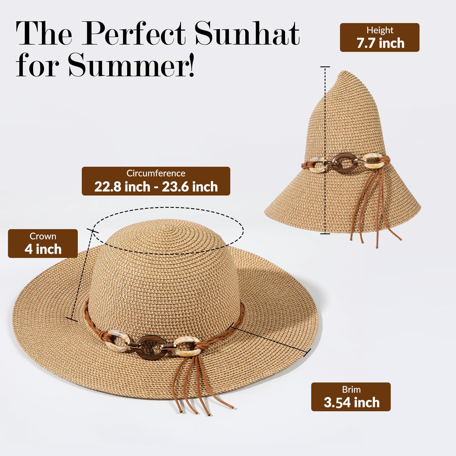 Beach Sun Hats for Women - Wide Brim Straw Womens Summer Hat with Wind Lanyard Roll Up, Foldable Beach Hat UV Protection