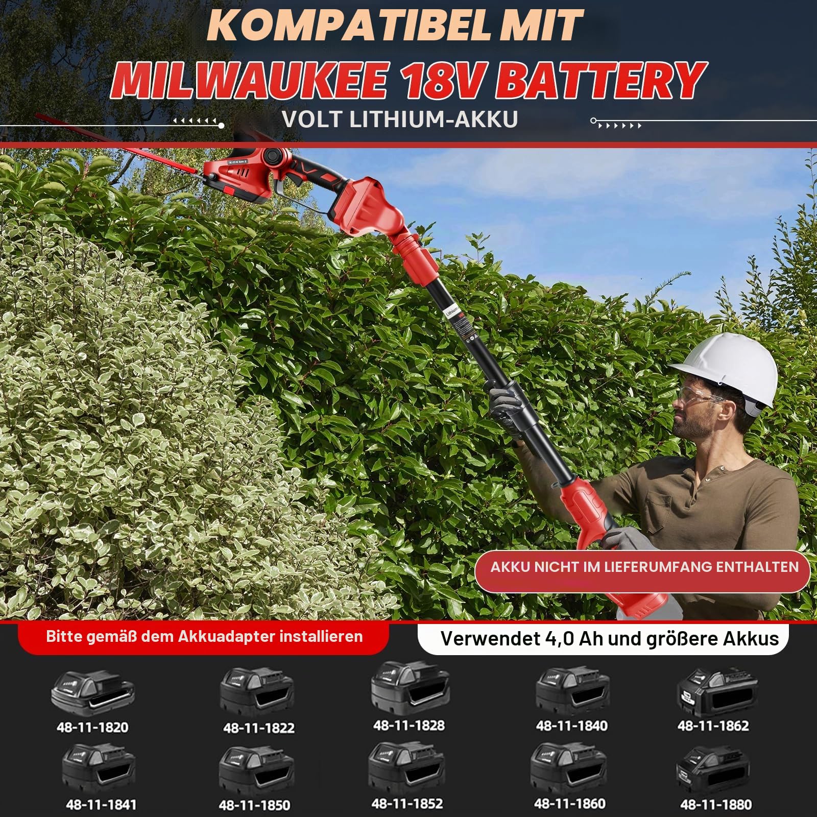 Akku Teleskop Heckenschere kompatibel mit Milwaukee 18V (ohne Akkus) | 3 IN 1 Grasschere Strauchschere Lange elektrische Heckenschere mit Teleskopstange Teleskopstiel bürstenloser Motor