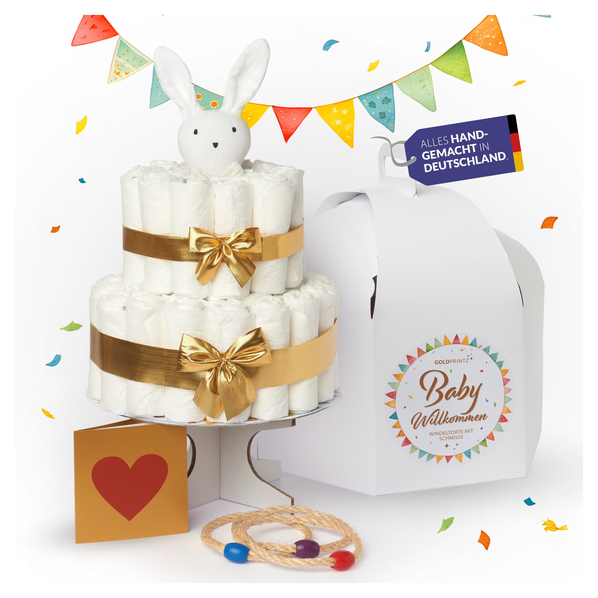 Windeltorte Mädchen und Windeltorte Junge - Einzigartige Baby Windeltorten mit kreativem Wurfspiel am Tortenboden als Geschenk zur Geburt für Baby UND Eltern ausgefallene Geschenke Geburt