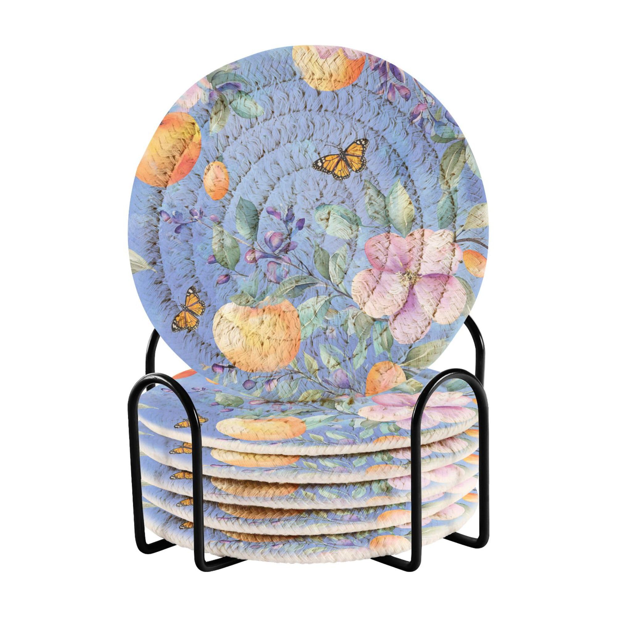 Sweet Fruit Butterflies Blue Cotton Rope Drink Coasters Absorbent and Holder Set of 6 Absorbant Coasters