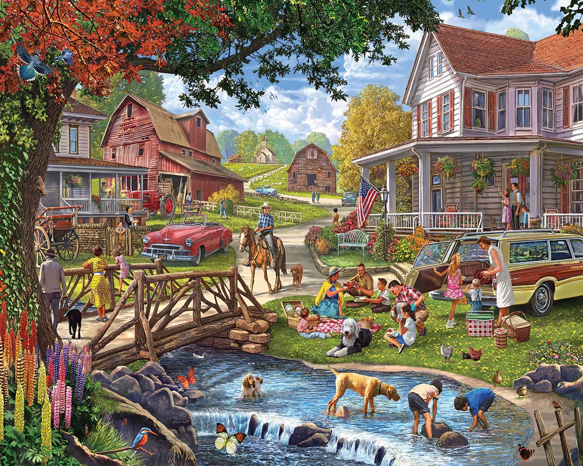 White Mountain Family Picnic Farm Puzzles for Adults 1000 Pieces Fun Nostalgic Country Fall Jigsaw Puzzle