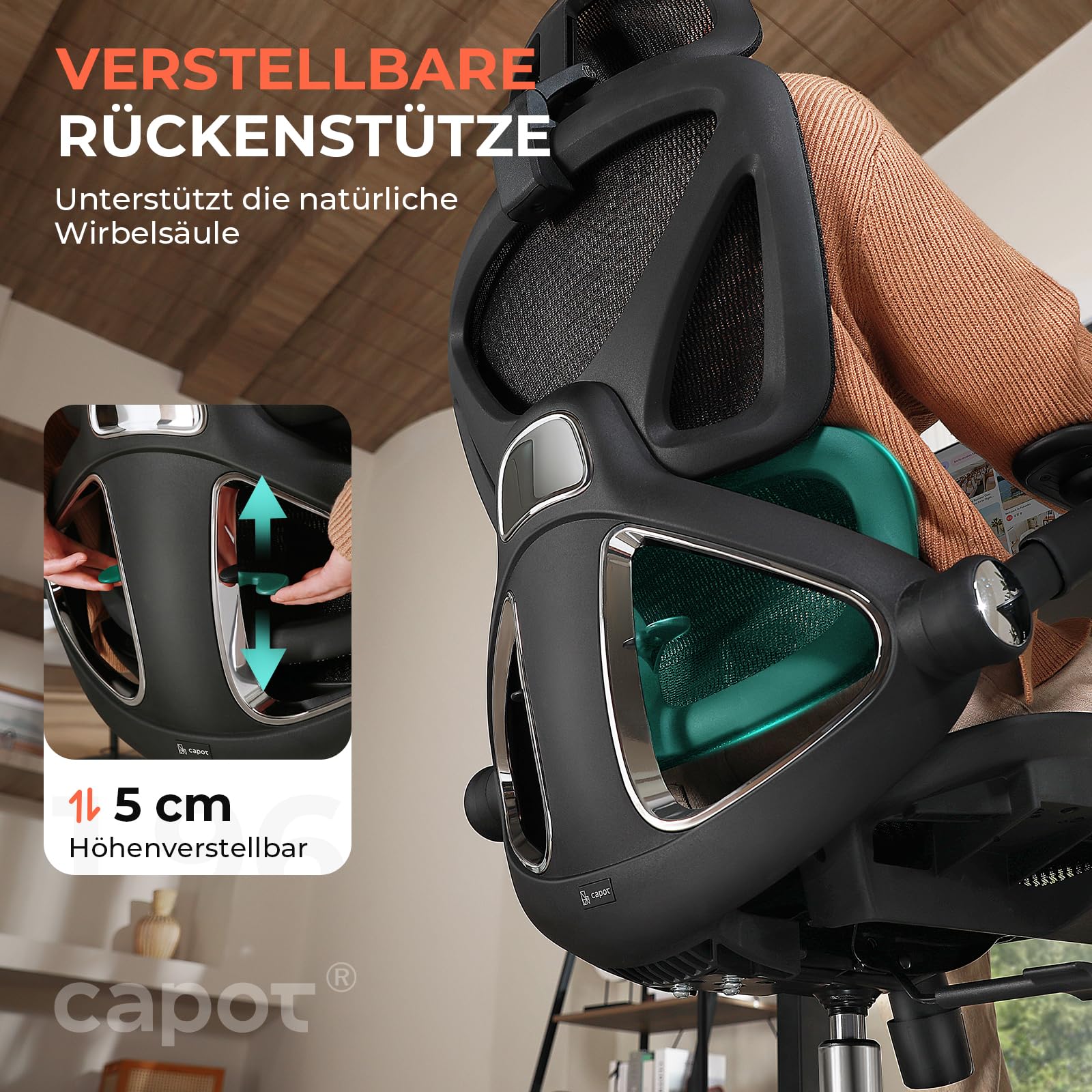 CAPOT Ergonomischer Bürostuhl aus Netzstoff, Verstellbarer Schreibtischstuhl mit hoher Rückenlehne, 180 kg, 4D-Klapparme, 3-stufige Neigungslehne, 3D-Kopfstütze, PU-Räder, drehbarer Computerstuhl für
