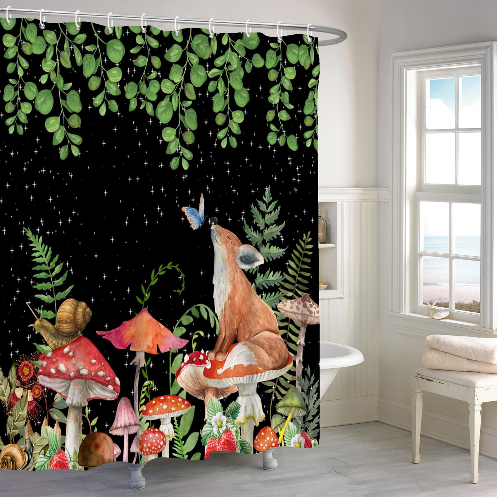 Renaiss 72x72 Inches Mushroom Shower Curtain Boho Plant Floral Butterfly Snail Green Eucalyptus Leaves Starry Sky Botanical Fabric Shower Curtains for