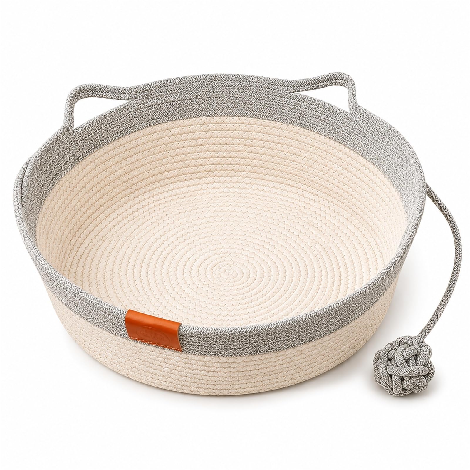 Wicker Cat Basket Cotton Rope Cat Enrichment Bed, Khaki Handwoven Basket With Toy Tail And Cat Ear Design, Breathable All-Season Indoor Cat Bed(Grey)