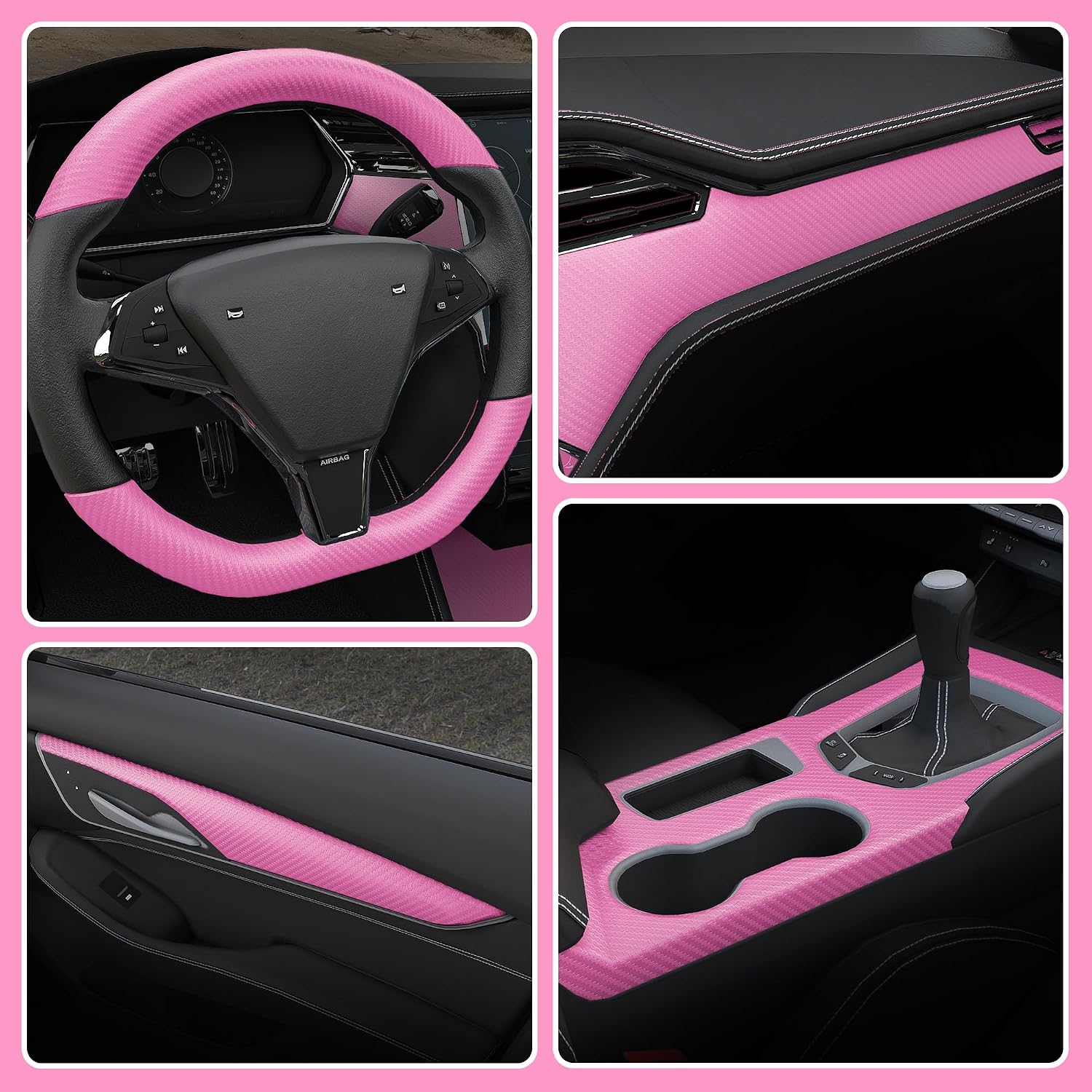 Lypumso Carbon Fiber Vinyl Wrap Tape for Chrome Delete Black Out, 4in x 30ft Car Door Sill Window Trim Protector, Pink Self-Adhesive Sticker Edge Guard for Motorcycles Trucks DIY