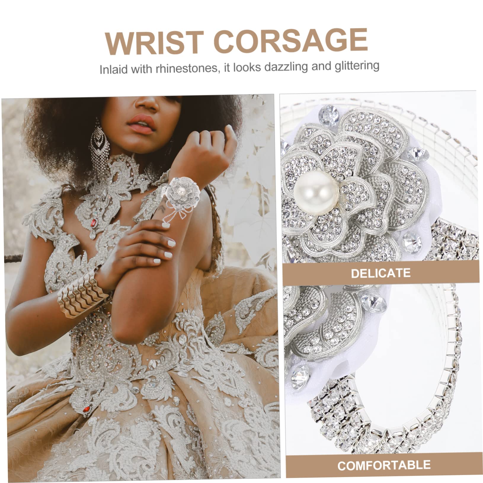 FUNOMOCYA Rhinestone Prom Flower Wrist Corsage Elegant Bridal Wristlet Accessory Crystal Embellished Wedding Wrist Flower 3.15X1.97X1.38In - Image 3