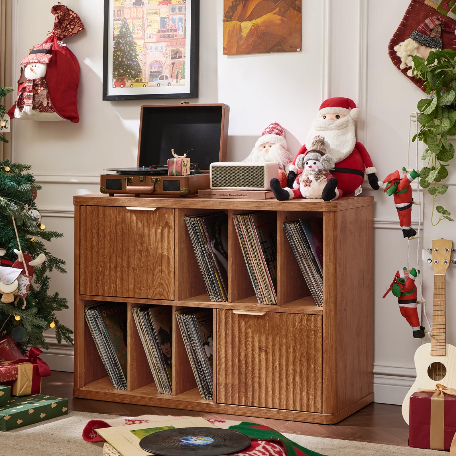 LEYAOYAO Large Record Player Stand with Vinyl Storage Up to 450 Albums, Wood Fluted Boho Record Storage Accent Cabinet, Modern Stereo Media Cabinets, Wide Turntable Stand for Living Room, Tea Brown