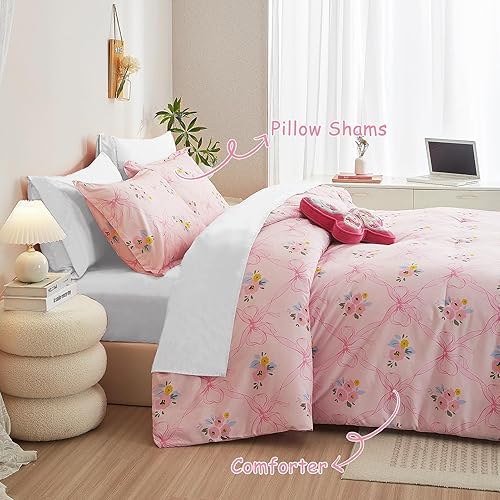 Miniatura 3 de HollyHOME Juego de edredón con lazo rosa, tamaño matrimonialqueen, juego de edredón para niñas, 3 piezas de cama en una bolsa, patrón de corbatín de