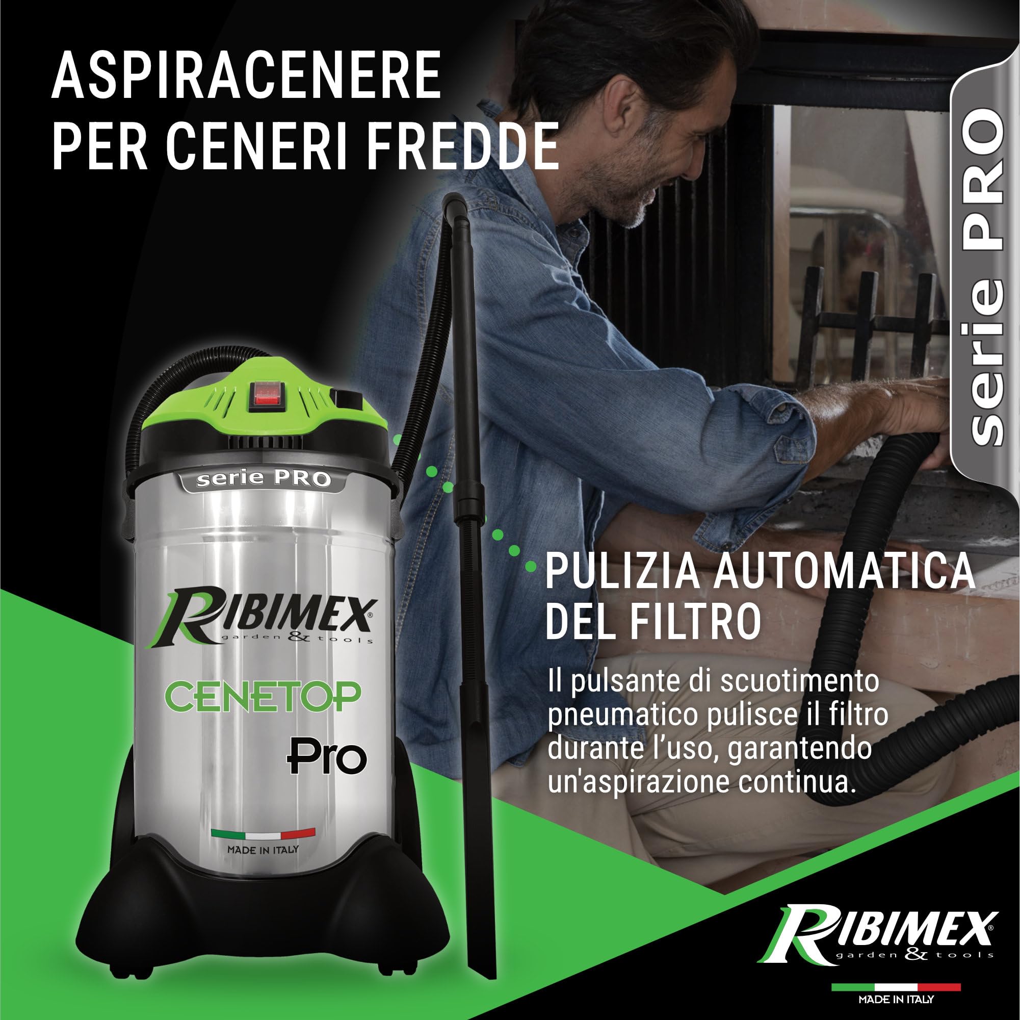 Ribimex Aspiracenere Elettrico Professionale Cenetop PRO, Pulizia Automatica del Filtro HEPA, Bidone da 30 L, Potenza 1200 W, per Pulizia Intensiva di Stufe e Camini, Funzione Soffiante - PRCEN014PRO