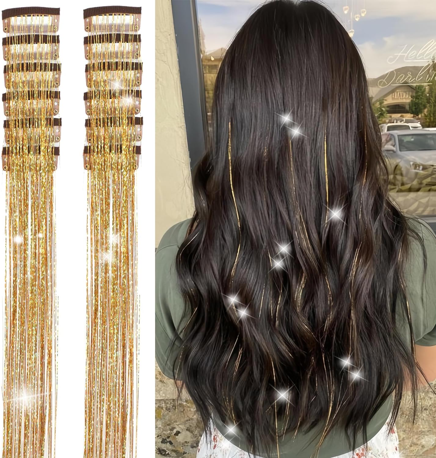 Clip in Hair Tinsel 12 Pcs Hair Tinsel Clip in Glitter Tinsel Hair Extensions 23.6 Inch Gold Fairy Hair Tinsel Kit Clips in Sparkling Party Festival Hair Accessories, Easy to Use (Gold)