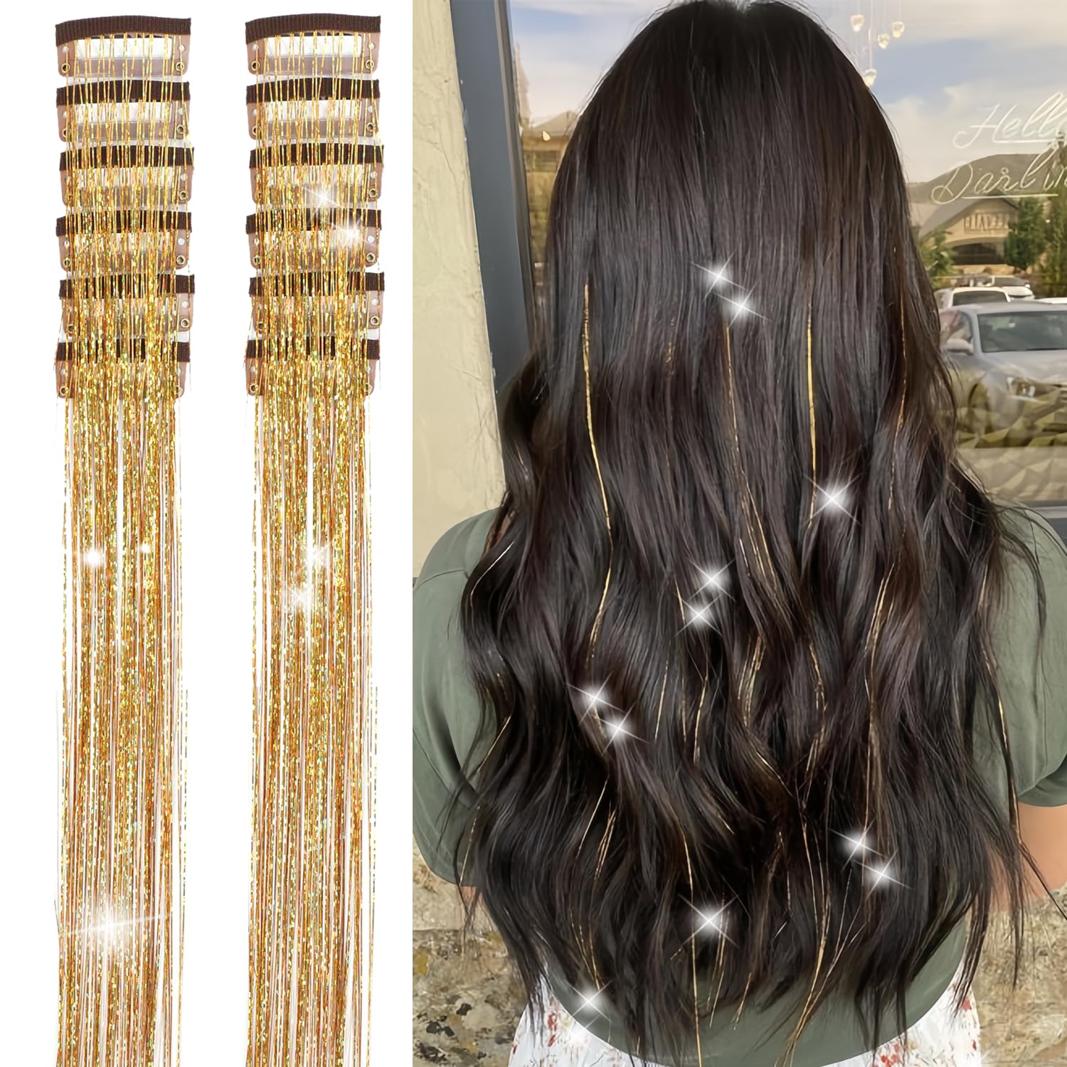Clip in Hair Tinsel 12 Pcs Hair Tinsel Clip in Glitter Tinsel Hair Extensions 23.6Inch Fairy Hair Tinsel Kit Clips in Sparkling Party Festival Hair Accessories for Girls Women Kids (Gold)