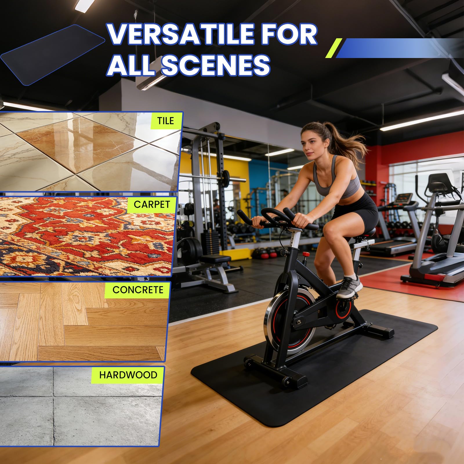 Garvee Tappetino per attrezzature da palestra, 180 x 90 cm/150 x 70 cm, in PVC, spessore 6 mm, antiscivolo, protezione per pavimenti in legno duro, per tapis roulant ellittico cyclette attrezzature da
