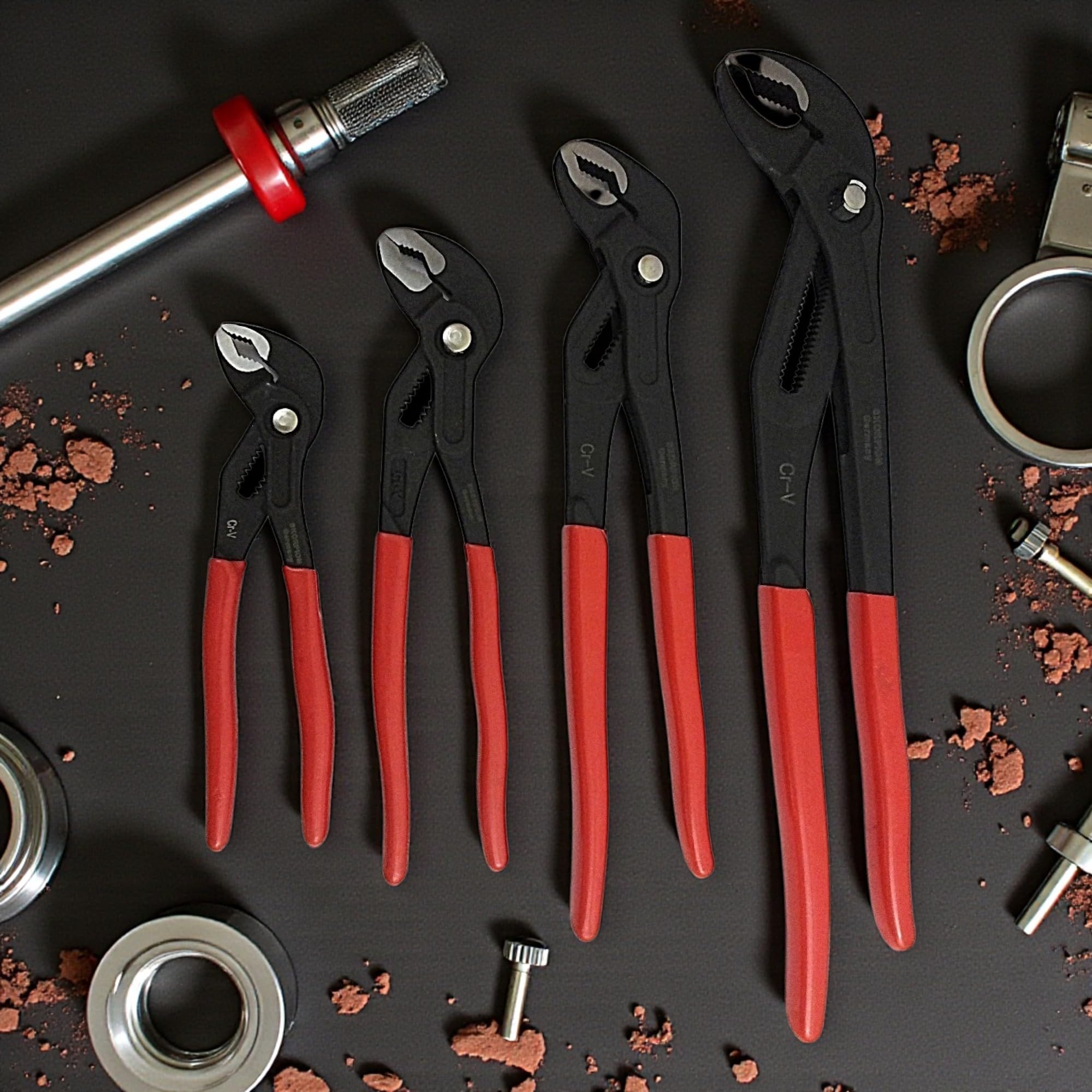 Topolenashop Set 4 Pinze Pappagallo Regolabili 175–250–300–400 mm | Pinze Poligrip con Bottone a Scatto | Chiave Pappagallo per Tubi e Dadi | Uso Professionale XR004