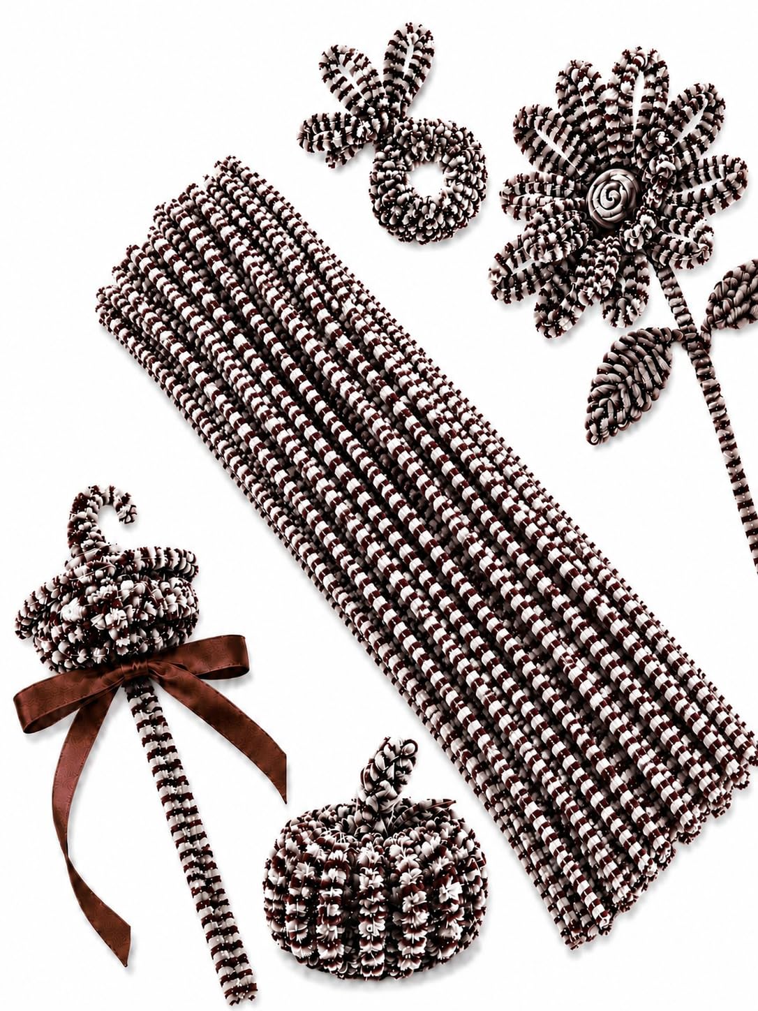 100Pcs Pipe Cleaners Craft Set | Chenille Stem Fuzzy Sticks DIY Craft Supplies for Art Projects Activities, Decorations, Flower Making, Modeling & Sculpting (Brown White Striped)-image-29