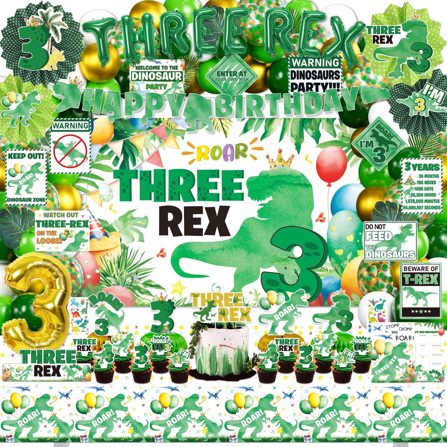 Dinosaur 3rd Birthday Decorations for Boys, 132Pcs Three Dino Rex Dinosaur Party Decor Supplies - Backdrop, Banner, Tablecloth, Centerpieces, Temporary Tattoos, Fans Pompoms, Wall Signs