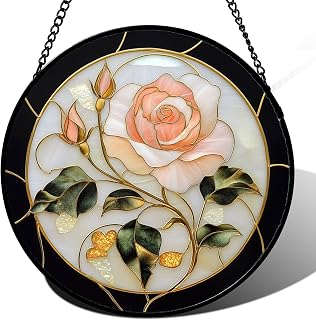 Pink Rose Stained Glass Window Hanging Suncatcher Gifts for Women 6.3"