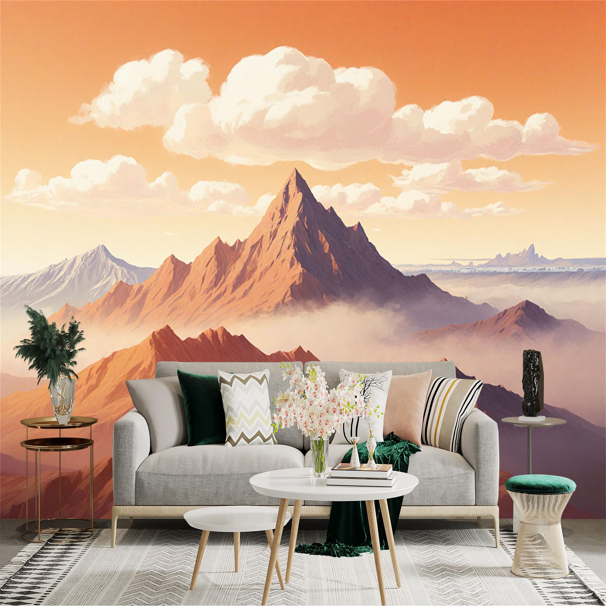 Custom Size Wall Sticker Mural， Sunset Mountain Landscape with Clouds and Misty Valleys， for wall Decoration， peelandstick wall Decals.