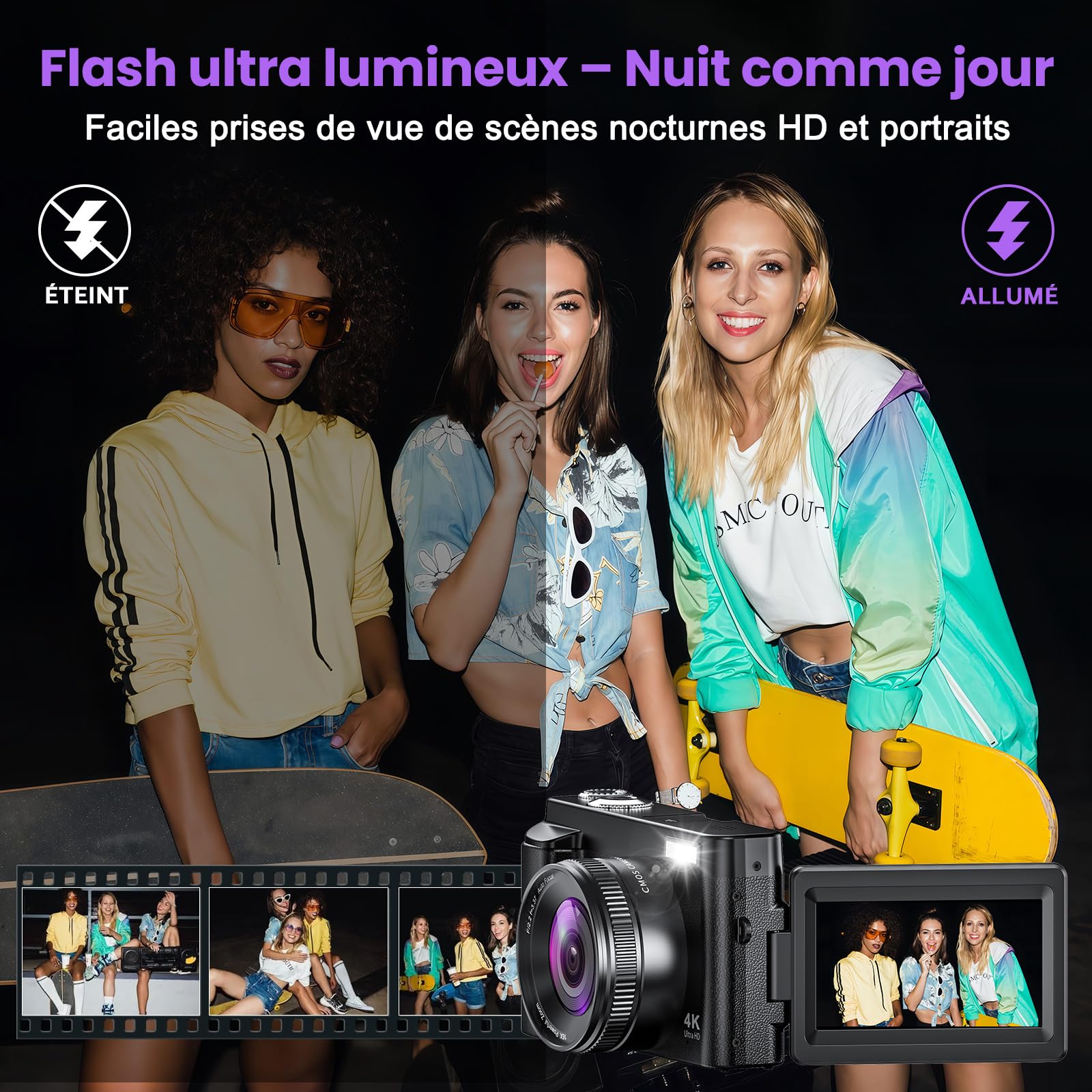 Appareil Photo numérique 4K 64MP avec WiFi écran Rabattable 180 degrés Zoom numérique 16x Double Batterie Carte SD 32 Go Chargeur Inclus idéal pour vlogging Selfies et Voyages