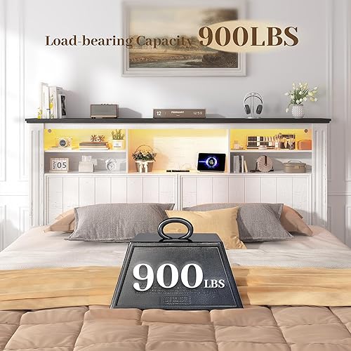 Miniatura 4 de EnHomee Base de cama Queen con cabecero, marco de cama tamaño Queen con puerto de carga de 4 cajones y LED, cama Queen de granja con estación de